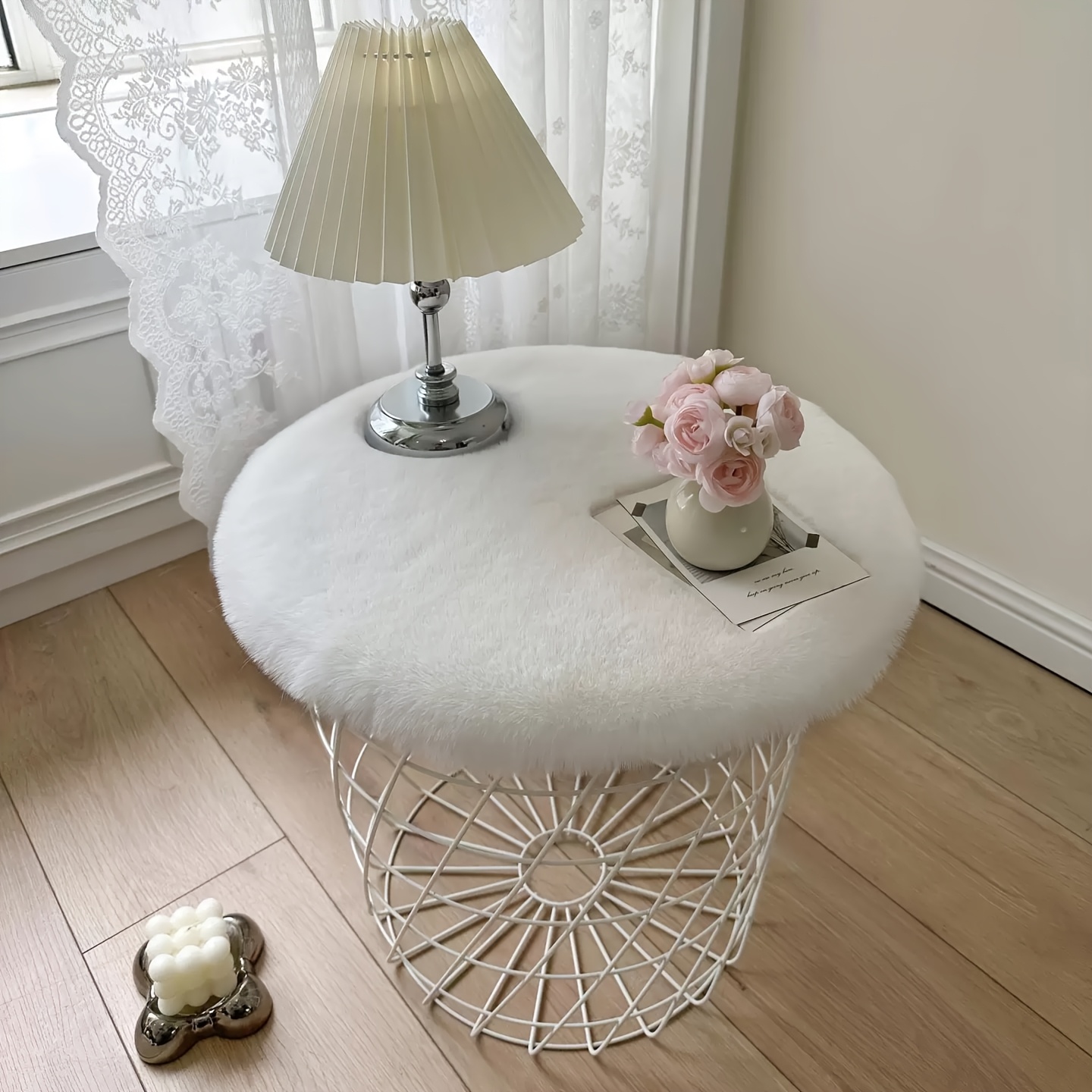 TEMU 1 pièce Tapis pour de compagnie, petit tapis rond en peluche de lapin à poils courts, couleur unie style crème, lit pour chat et chien