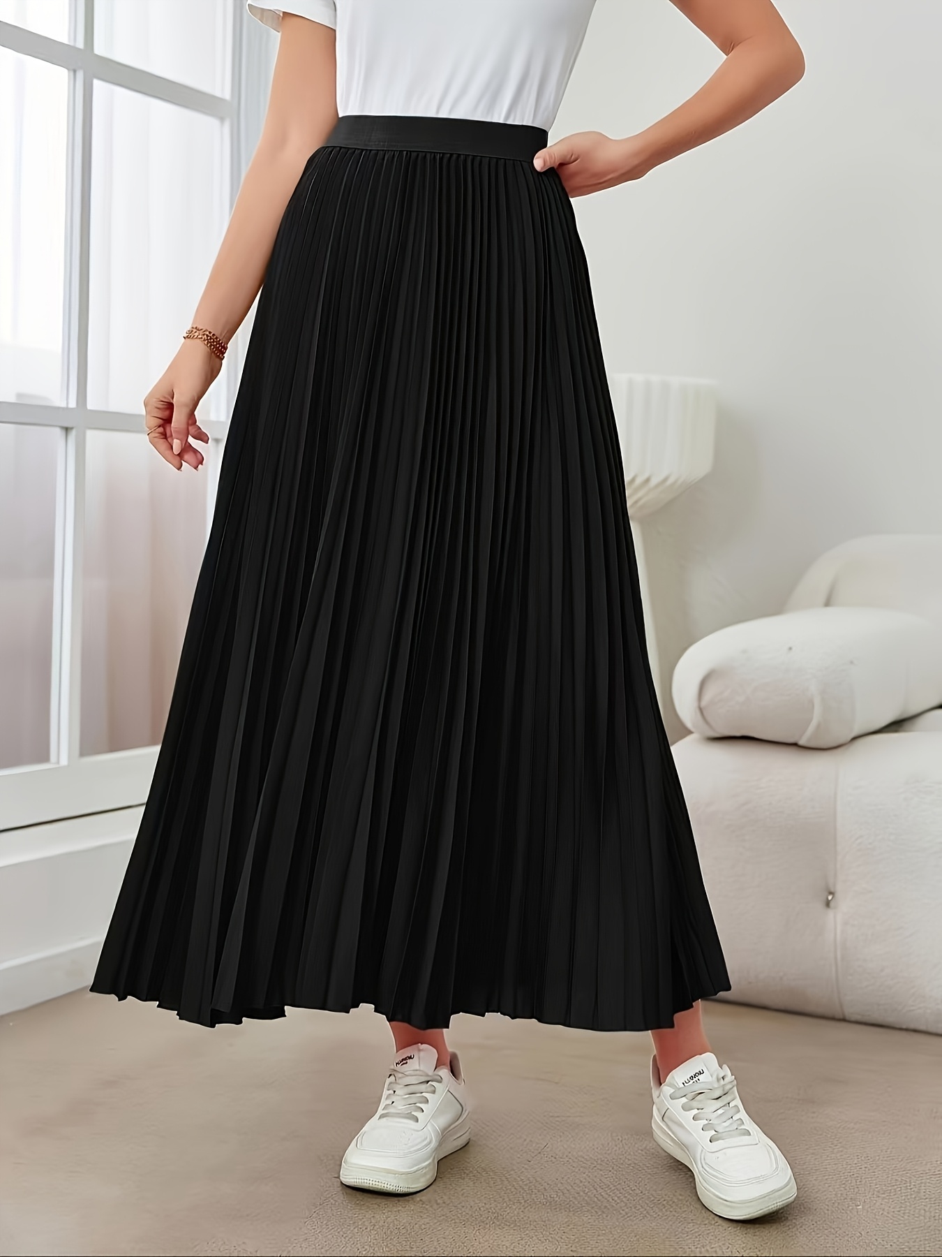 elegant high waisted pleated midi skirt black polyester Temu