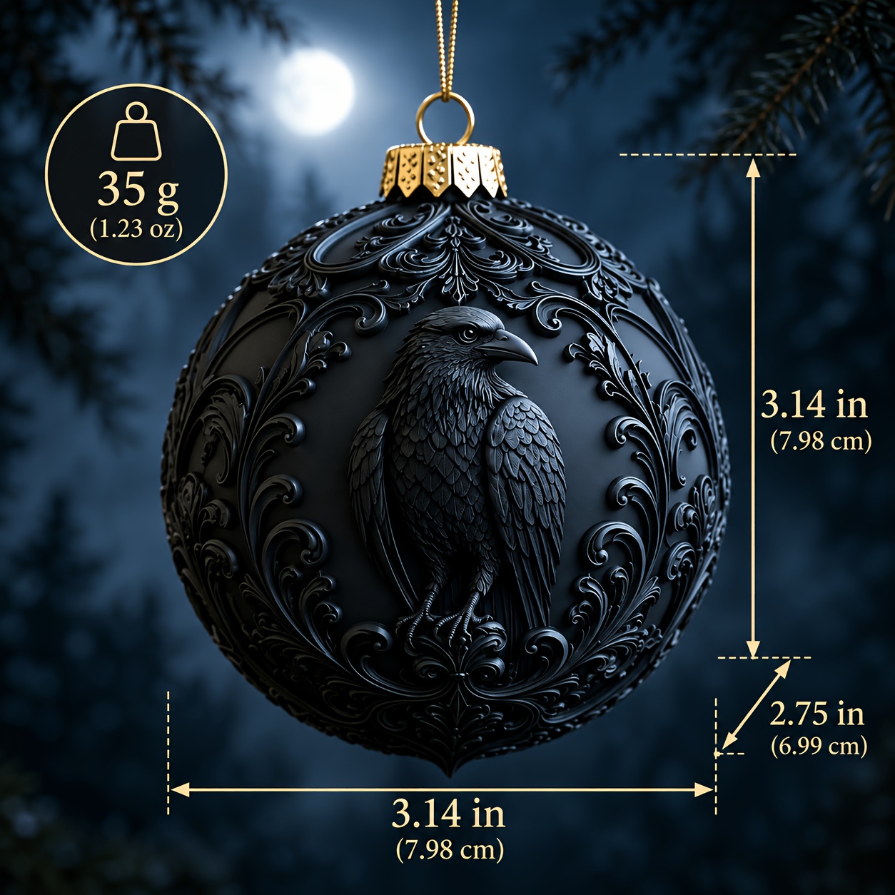 TEMU 1pc Christmas Ball Ornament, Vintage Embossed Gothic Crow Hanging Ball, Dark Three-dimensional Carved Crow Christmas Tree Ornament, Halloween