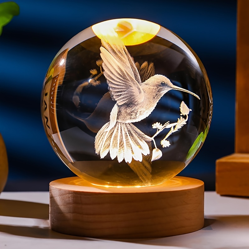 

1pc 3d Hummingbird Crystal Ball With Wooden Light Base, Creative Laser Engraved Animal Figurine Night Light For Home Bedroom Decor, Birthday,graduation Present For Women,men 2.36 In