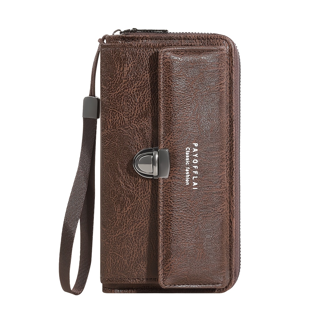 TEMU Classic Pu Men's Wallet - Double-layer Design With Snap Closure, Zippered Card Slot, And Photo Compartment, Long-style Unisex Wallet With Clasp