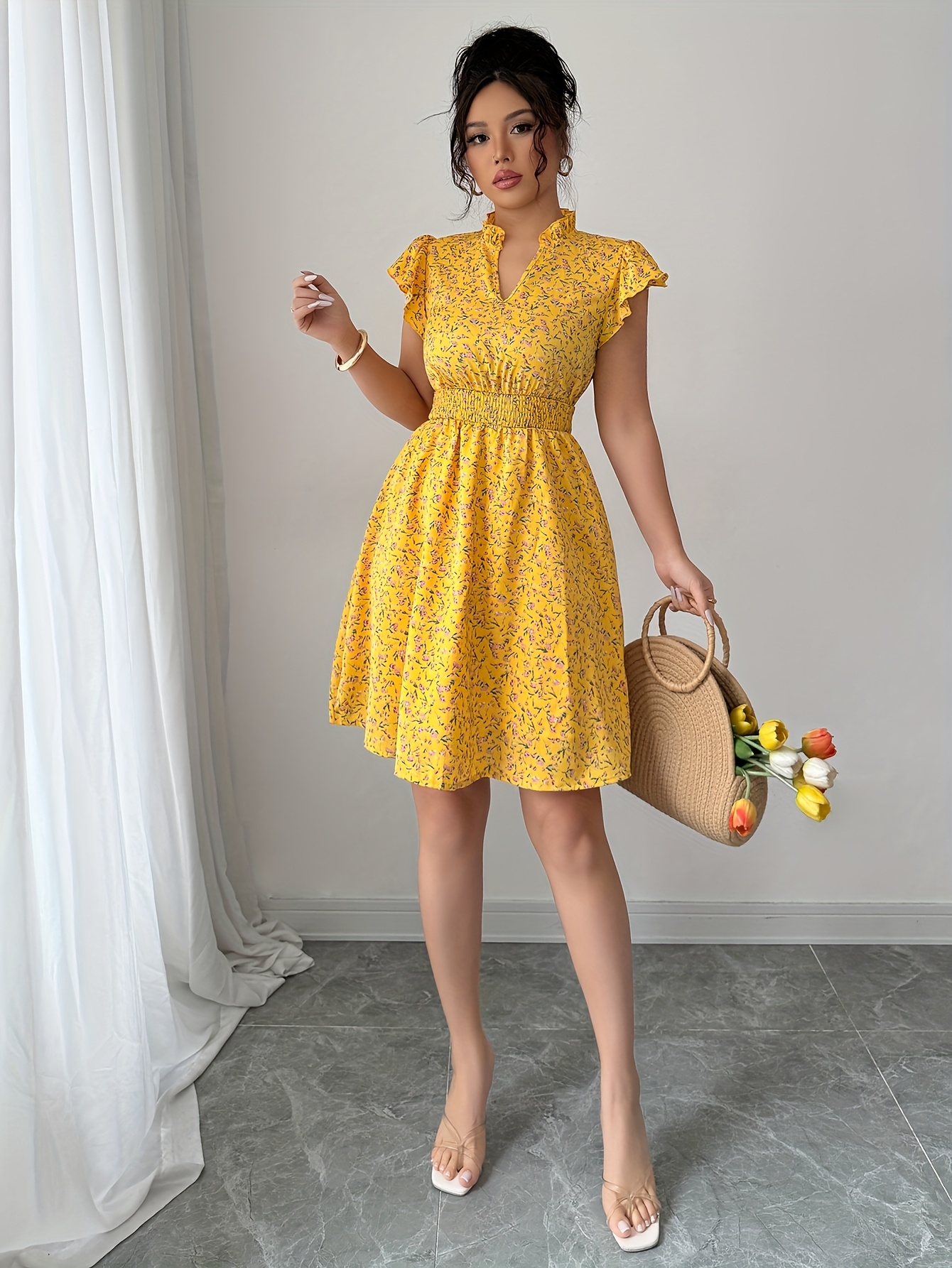 yellow short floral dress Run The World Off-Shoulder Mini Dress Floral Yellow