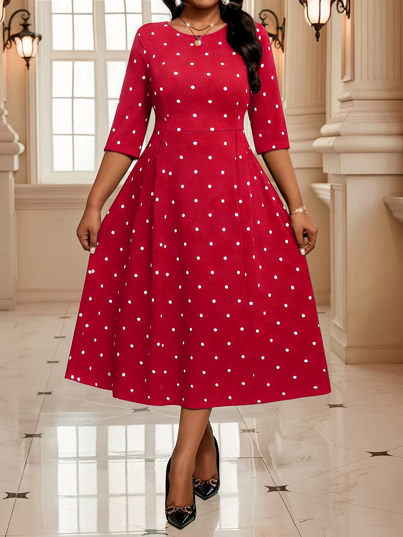 plus size plus size womens plus size fashionable and elegant polka dot dress   large swing skirt