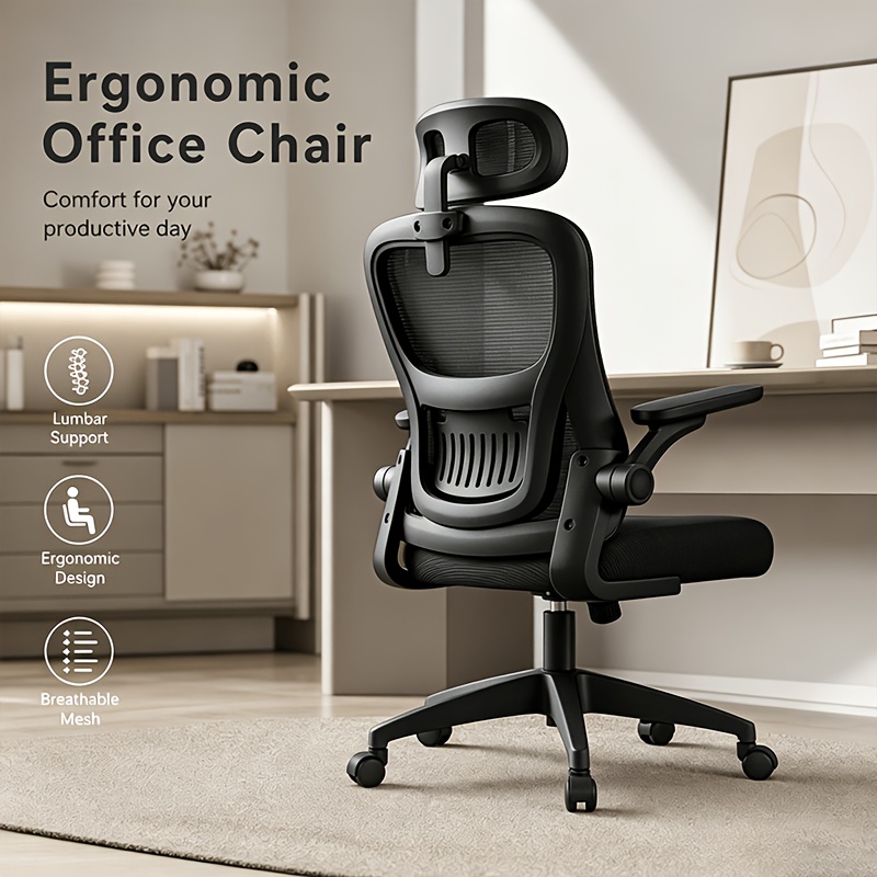 Image of Ergonomic Office Chair With 90° Flip-up Armrests And Lumbar Support, High-density Foam Seat Cushion, Gas Lift (150kg Capacity) And Mesh Backrest -black And White