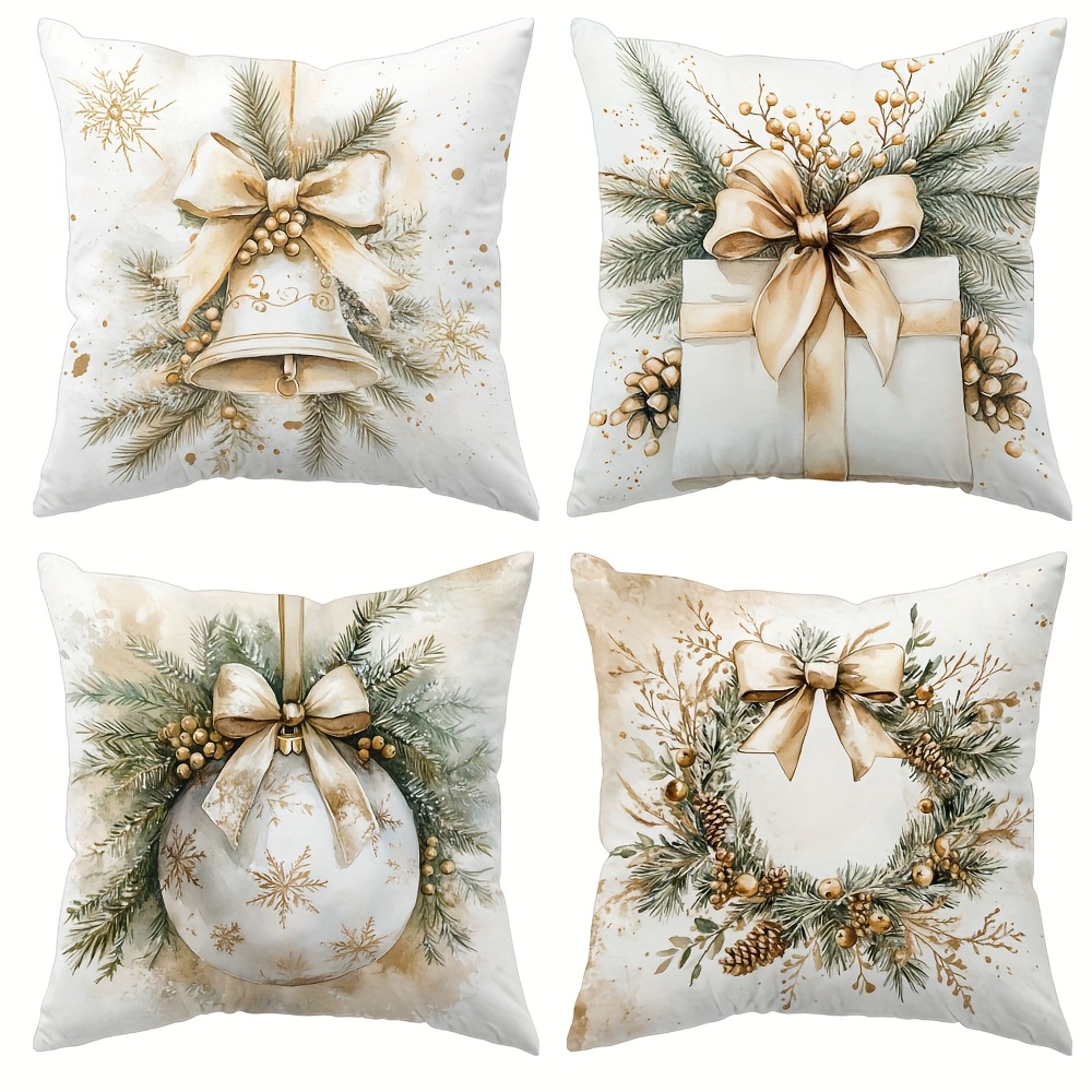TEMU 4pcs Christmas Throw Pillow Covers Rustic Farmhouse Holiday Decor - 17.72x17.72 Inch Square Zippered Covers With Wreath, Bells, Gift & Prints,