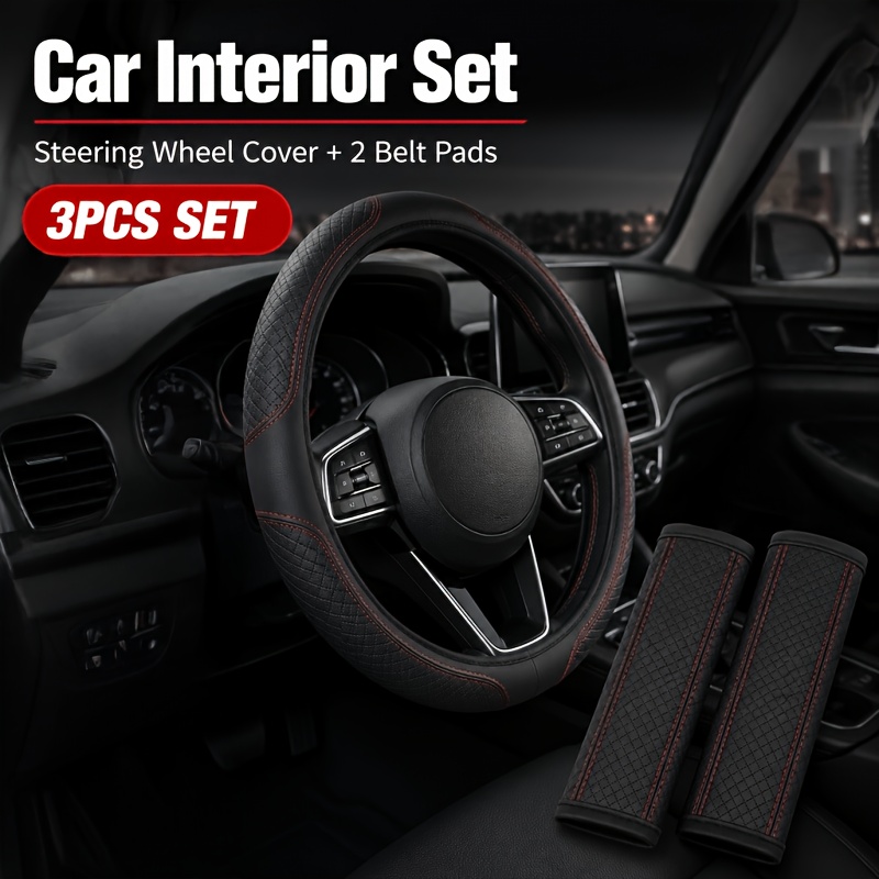 TEMU Juego de 3 fundas de lujo para volante de coche + un par de almohadillas para hombreras de cinturón de seguridad, universal para todas , -15
