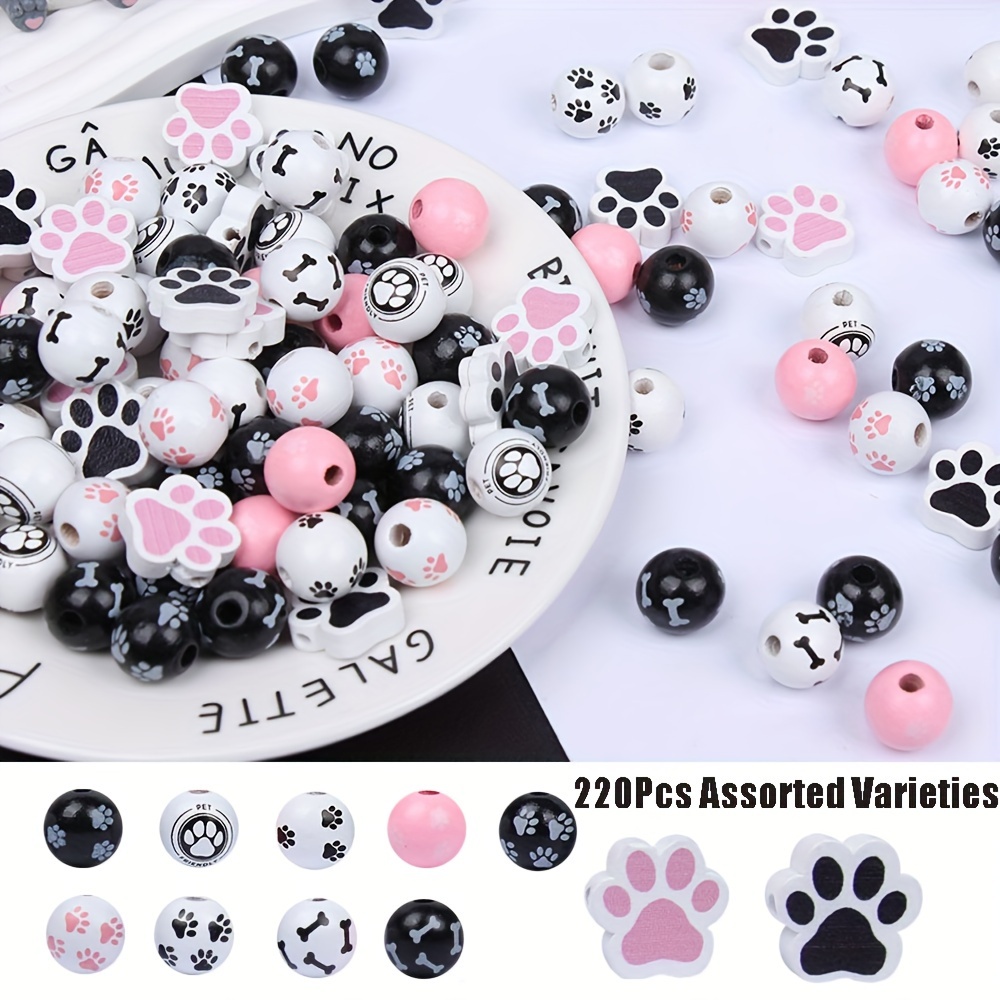 

220pcs Dog Wood Beads Paw Bone Wooden Beads Black White Pink Mixed Color Dog Footprint Craft Beads Loose Spacer Beads For Jewelry Making