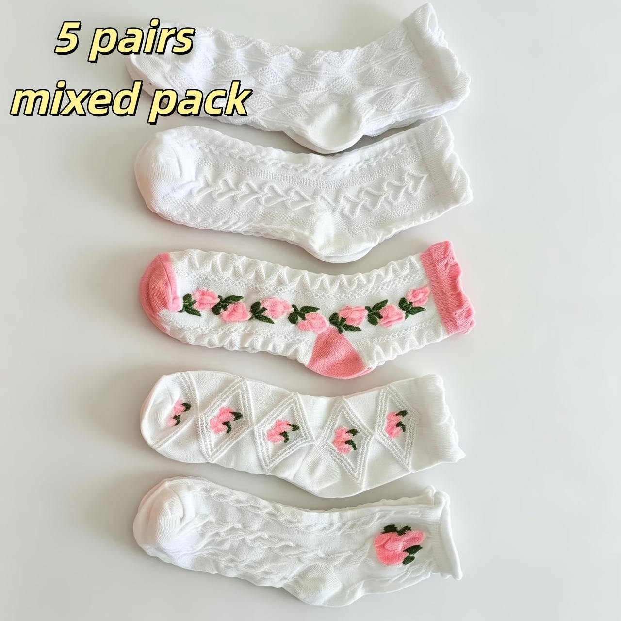 TEMU 5 Pairs Of Floral 3d Textured Mid-calf Socks In Korean Style, Sweet And Cute Mid-length Socks, Women's Stockings And Socks