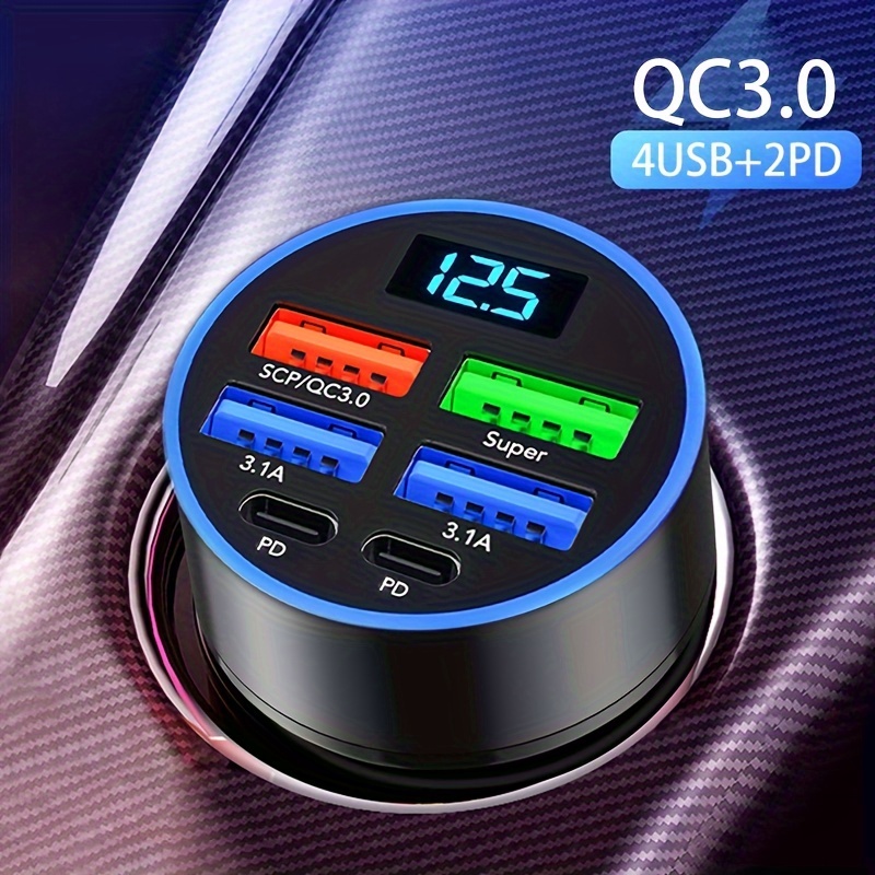 

Car Mobile Phone Charger Qc3.0 Fast Charging 1 Drag 6 Multi-function Car Conversion Plug Dual Pd Flash Charging With Digital Display