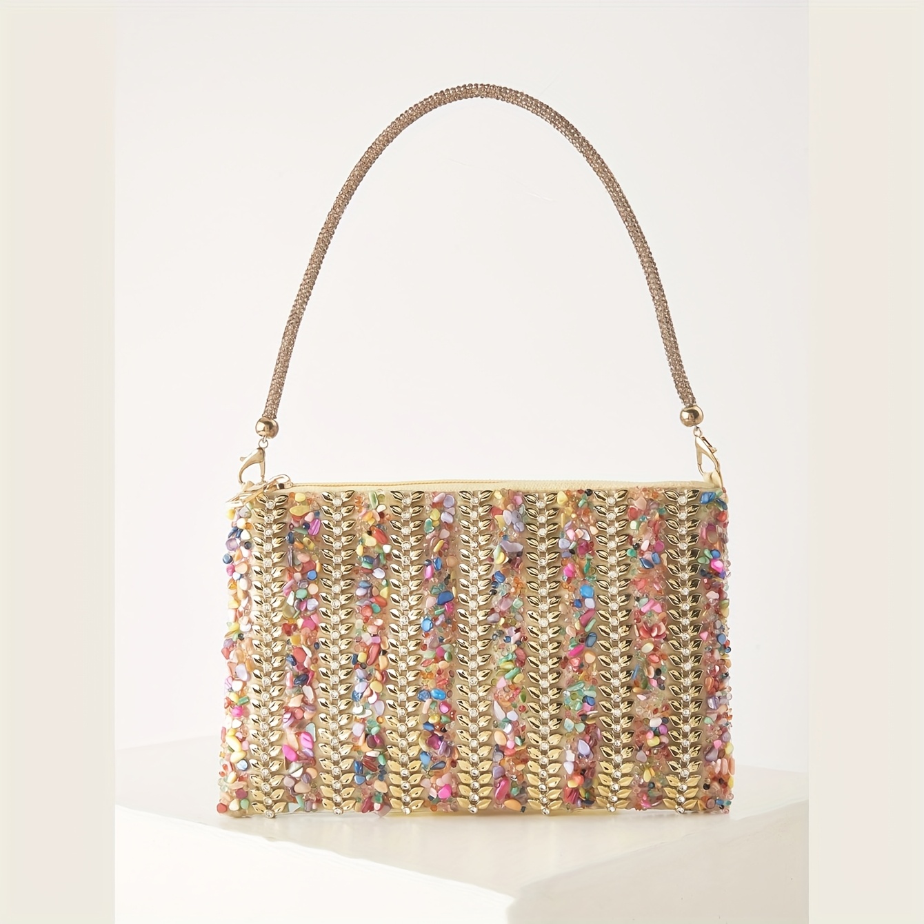 E-shop Glänzende Strass-Blumenmuster Damen Abendtasche, mit Spacer-Verzierungen und passendem abnehmbarem Strass-Griff, geeignet für Dinner, Partys und