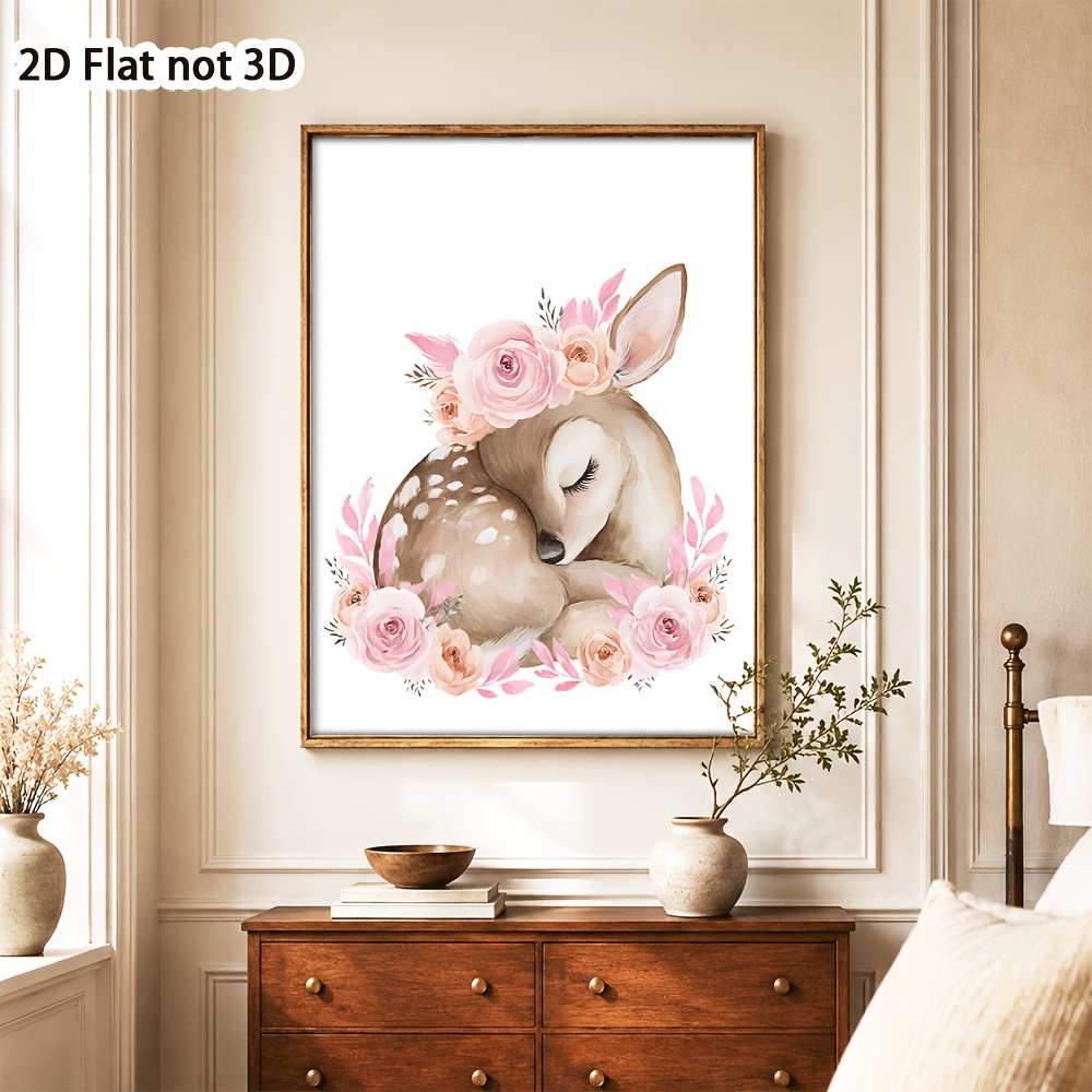 Cute Sleeping Deer and Pink Rose Frameless Poster, Nursery Decor