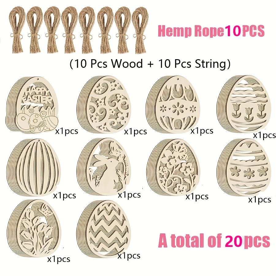 20 Sets Of Easter Bunny Eggs, Including 10 Jute Threads And 10pcs Of Wood, For , Classic Easter Decorations, Festive Pendants Or Pendants