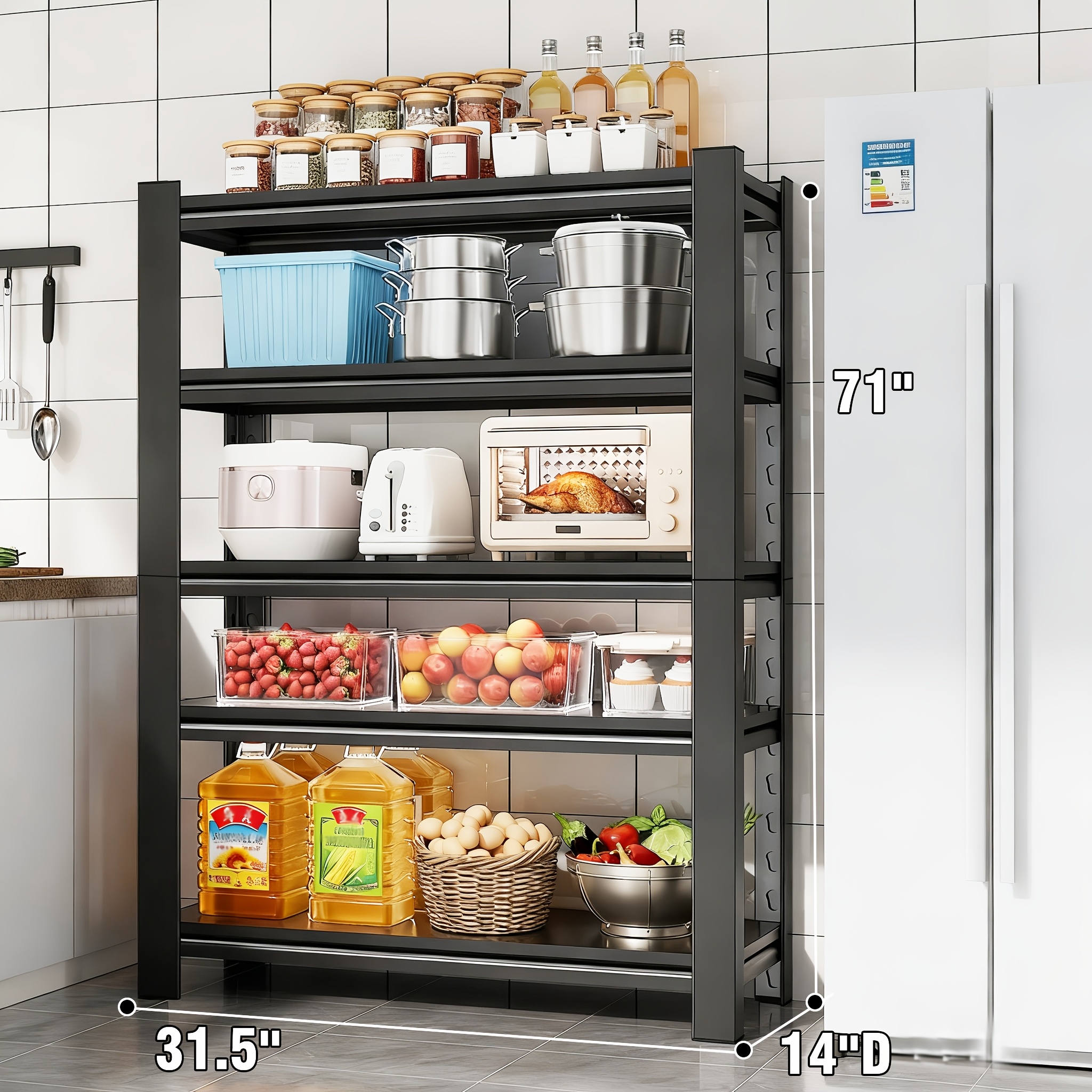 5-Tier Heavy-Duty Adjustable Kitchen Storage Shelf with Modular Shelving System & -Standing Suitable for Kitchen Organizers, Garage Tools, Microwave Stand, Baker's Rack, Utility Shelves - Assembly, Space-Saving Unit