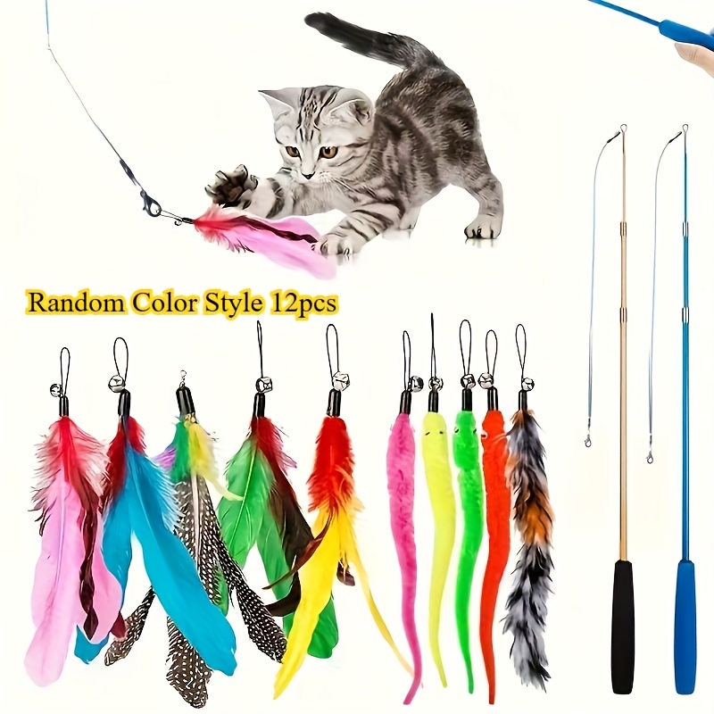 Image of 12pcs Pet Cat Toys(random ), Cat Teasing Sticks, Plush Toys, Artificial Feather Replacement Heads, Retractable Poles, Cat Self Entertainment Toys, Cat Teasing Toy Set, Artificial Feathers