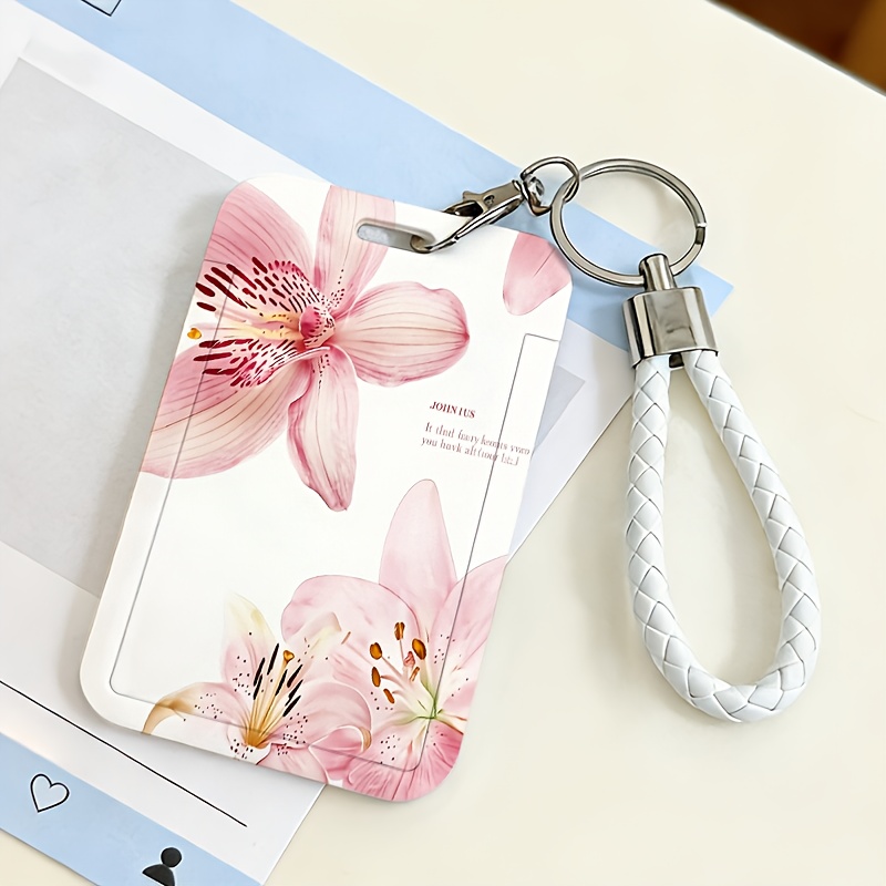TEMU Porte-cartes d'identité 2D en plastique avec motif rose, avec cordon, idéal pour de transport en commun, cartes de crédit, cartes d'identité,