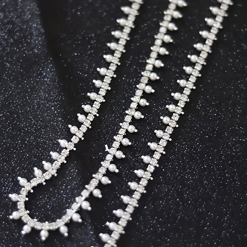 1pc 90cm Pearl And Rhinestone Beaded Trim Lace For Diy Clothing, Necklaces, Backpacks, Pet Accessories – Elegant White Embellishment Chain