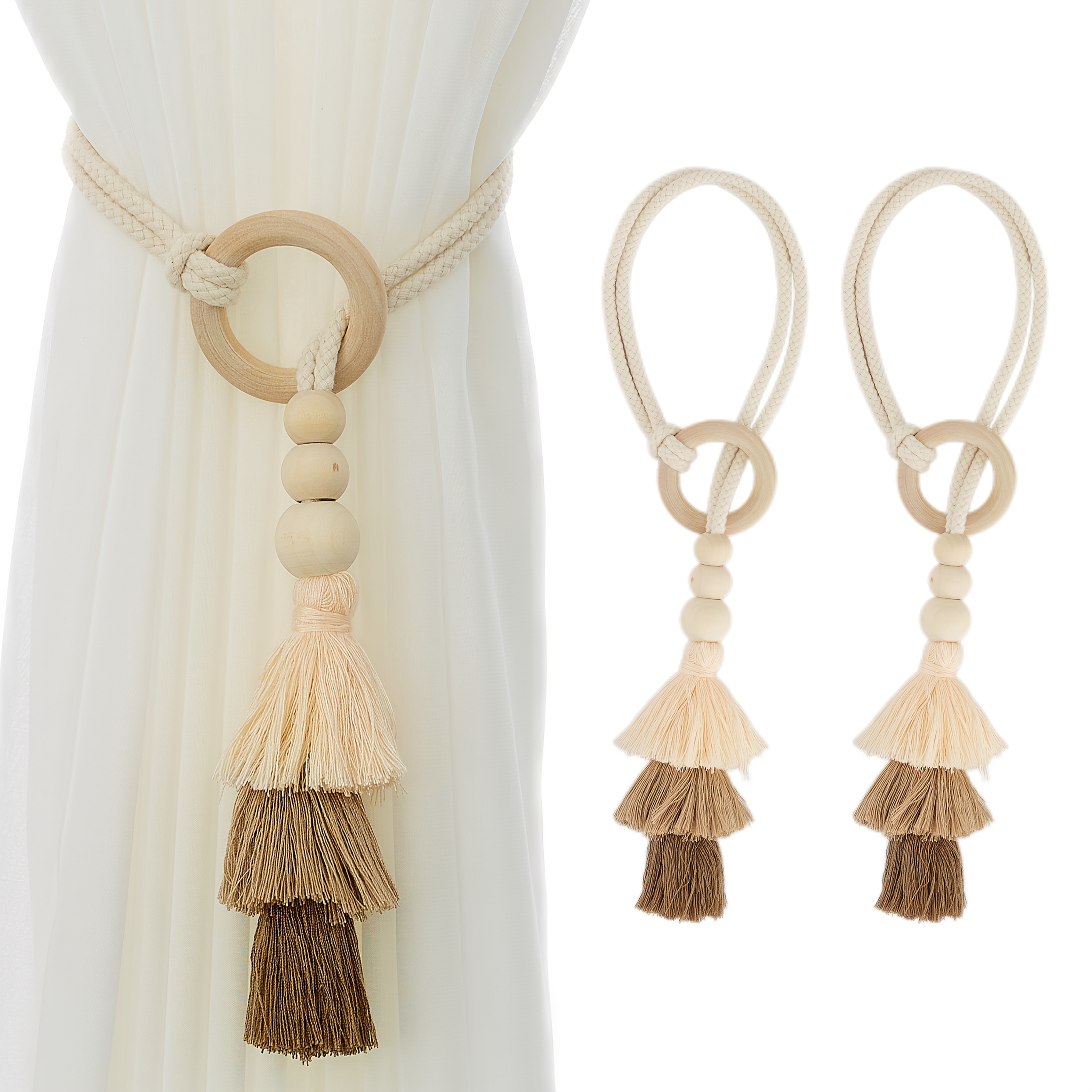 2pcs, Anneau de rideau en bois avec pompon, Style bohème, Anneau de rideau en fil de luxe léger haut de gamme, 2 pièces par paquet