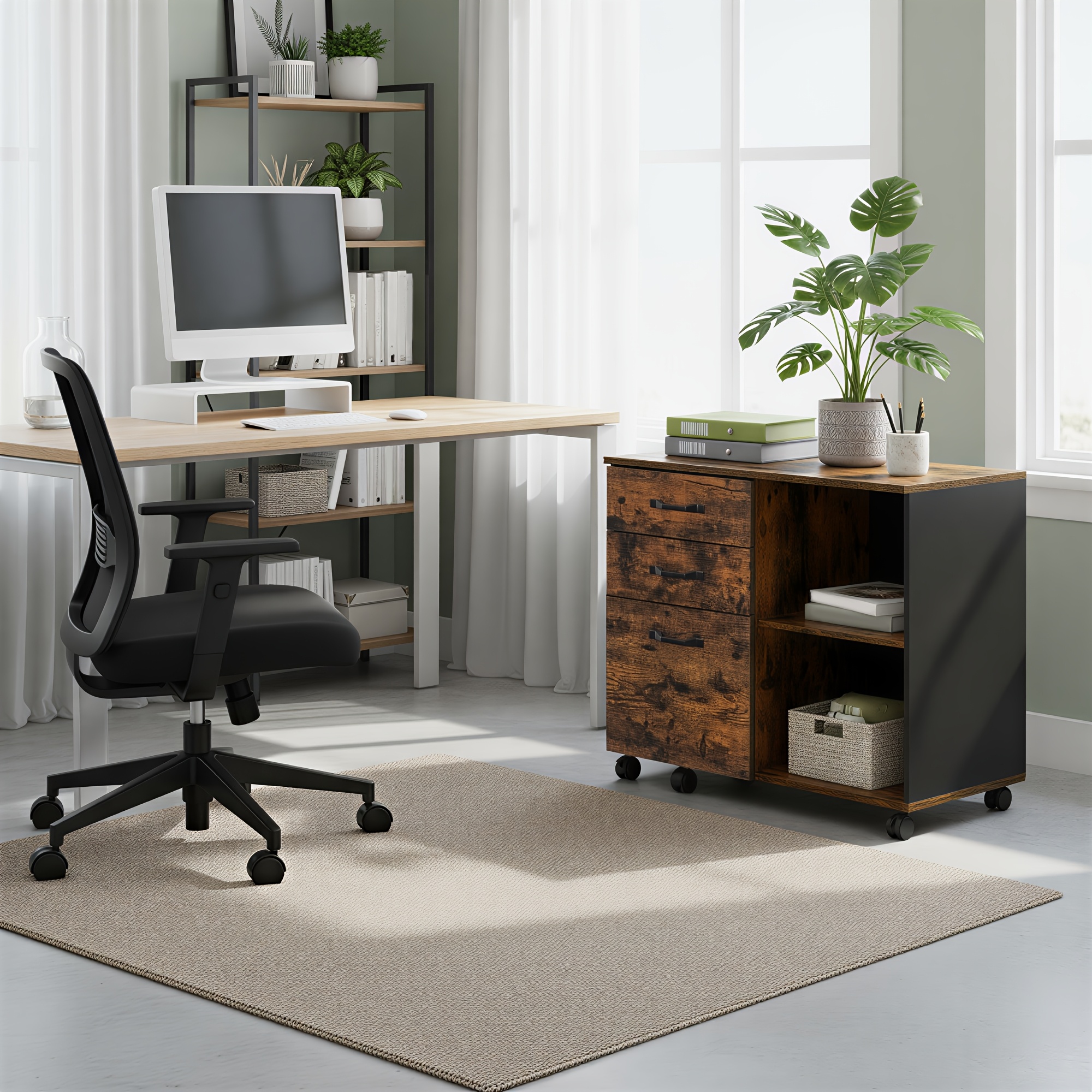 Image of Mobile Filing Cabinet, Storage Cabinet With 3 Drawers And Compartments, In Industrial Style, Brown And Black
