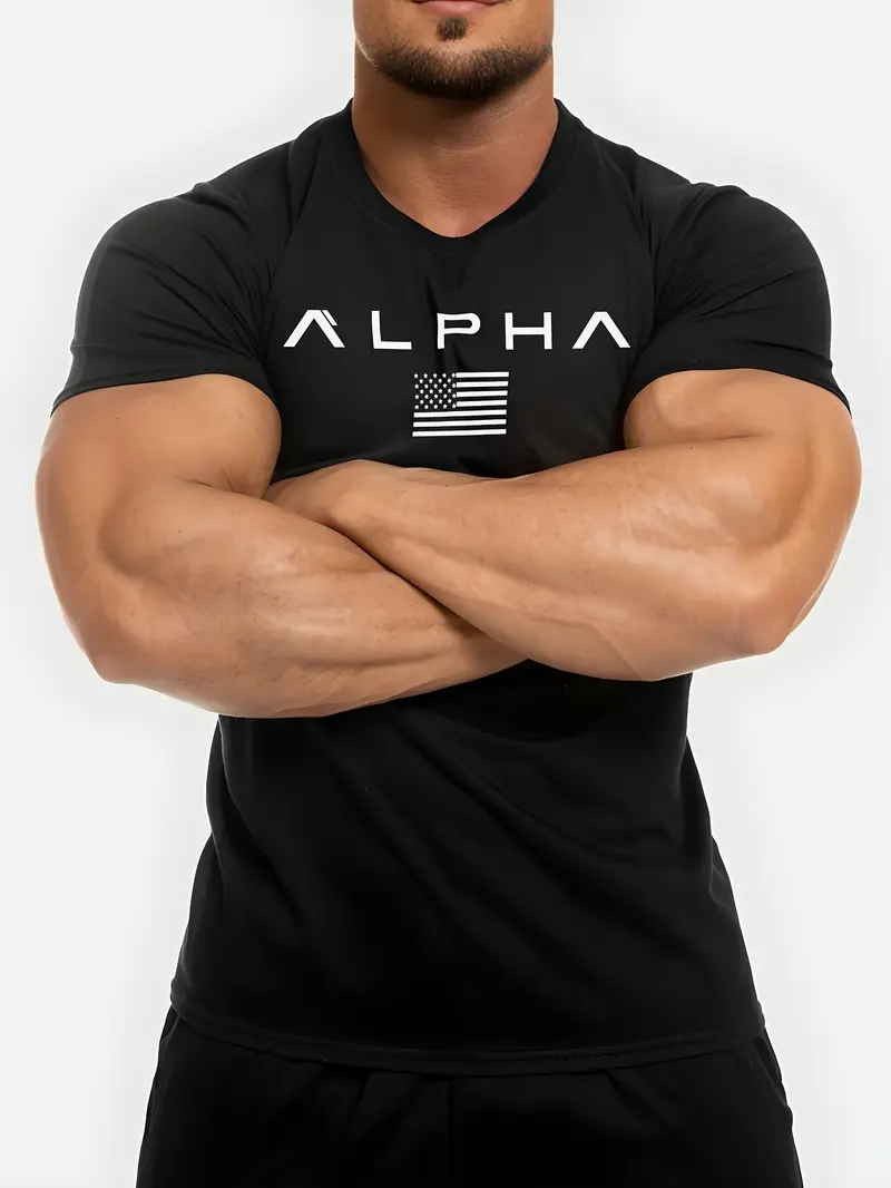 mens athletic crew neck t shirt quick dry polyester knit fabric short sleeve alphabet print skinny fit casual sports top for spring summer polyester 180gsm details 16
