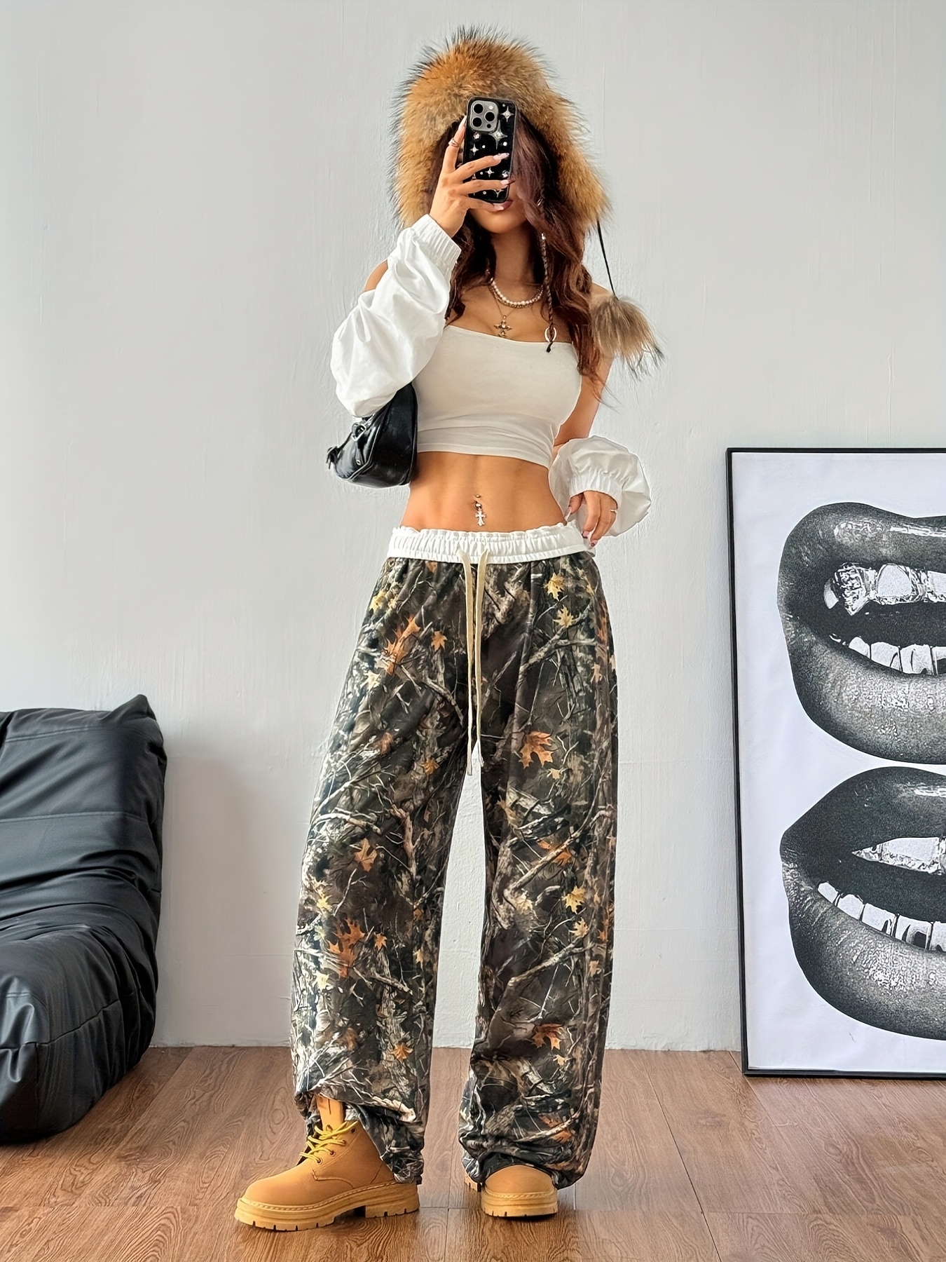 Women'S Camo Print Wide-Leg Sweatpants Elastic Drawstring Waist, Cozy  Fabric, Olive Green with Brown Beige Leaf Pattern Fall/Winter C