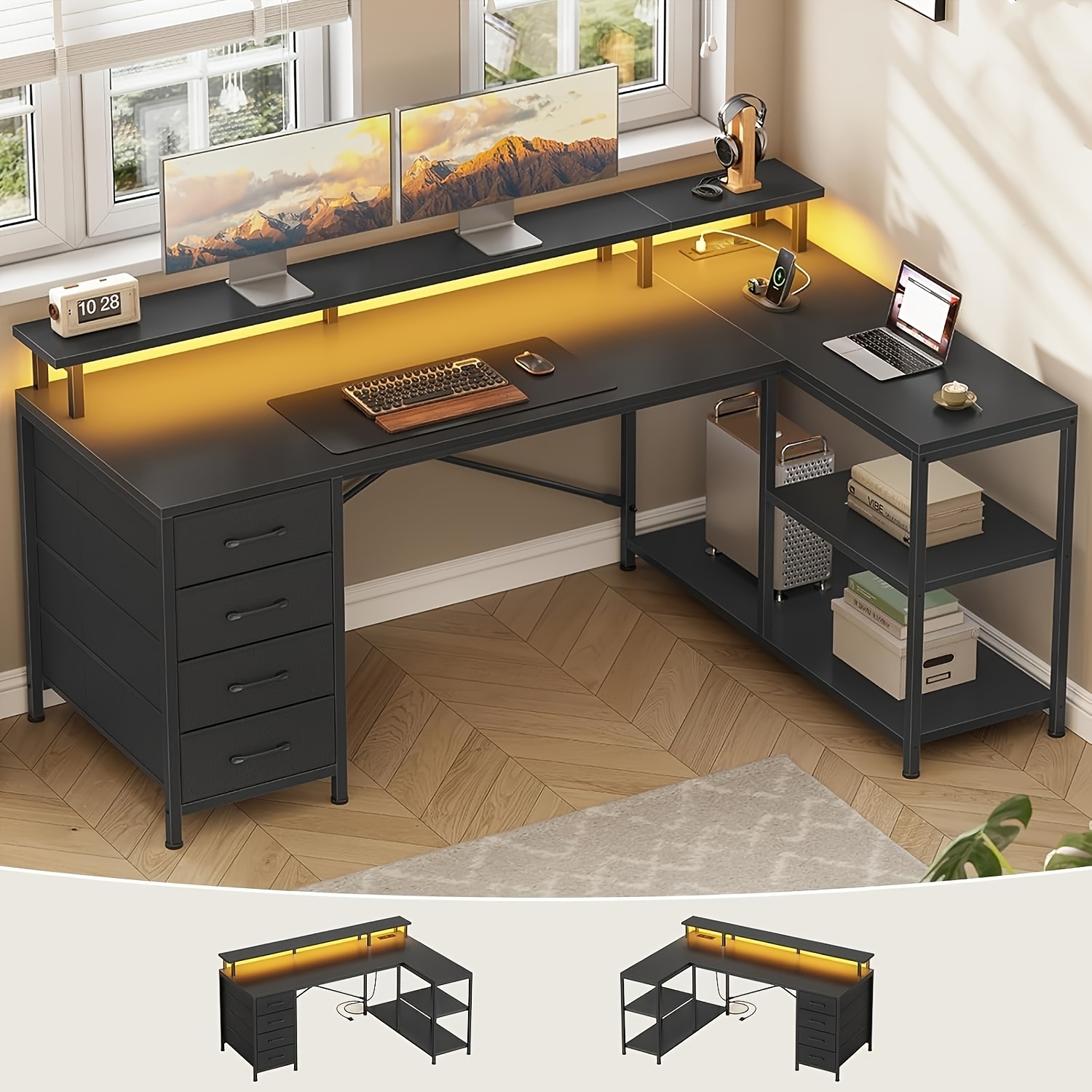 L-shaped Workstation Featuring 4 Drawers, Storage Shelves, And Led Lighting, Suitable For A Home Office
