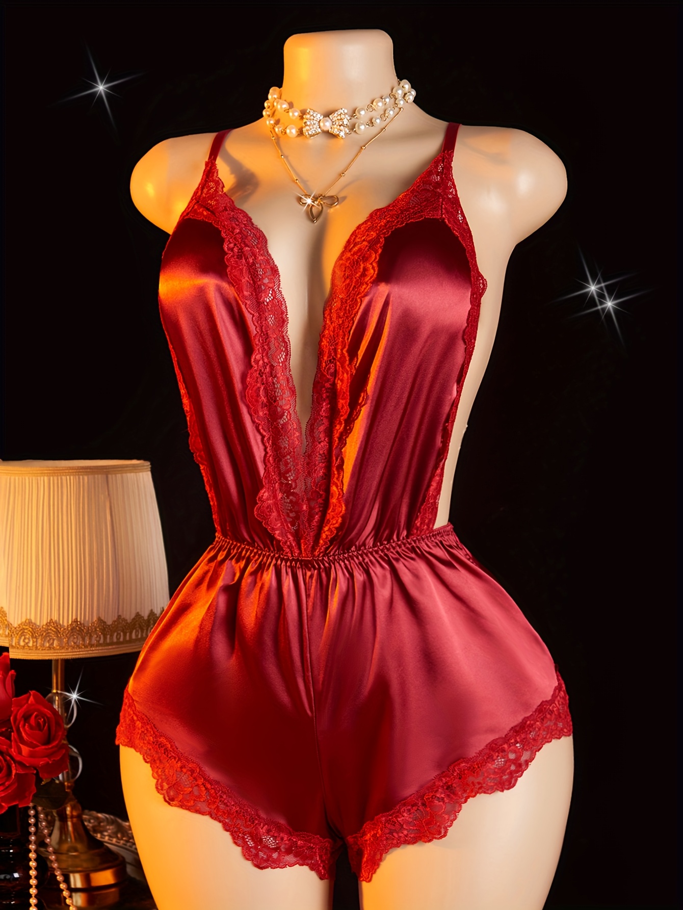 Sexy Solid Satin Lace Trim Night Romper, Deep V Neck Backless Cami Bodysuit, Women's Hot Sleepwear