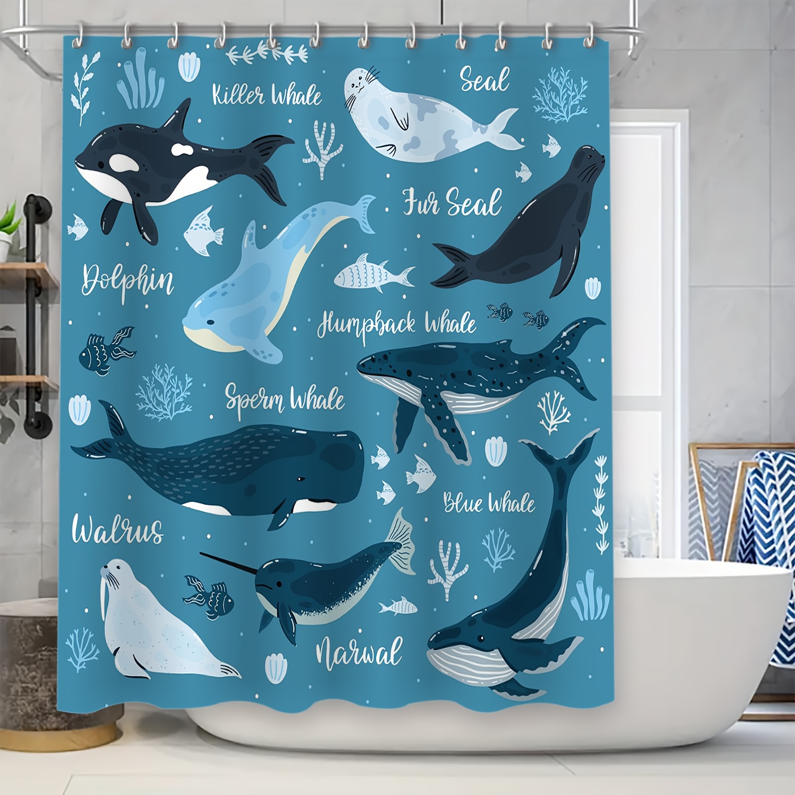 

1pc Ocean Marine Life Shower Curtain Set With 12 Hooks, Waterproof Mold-resistant Bathroom Partition Curtain, Whales & Seals Pattern, Stylish Home Bathtub Decor, 70.8x70.8 Inches