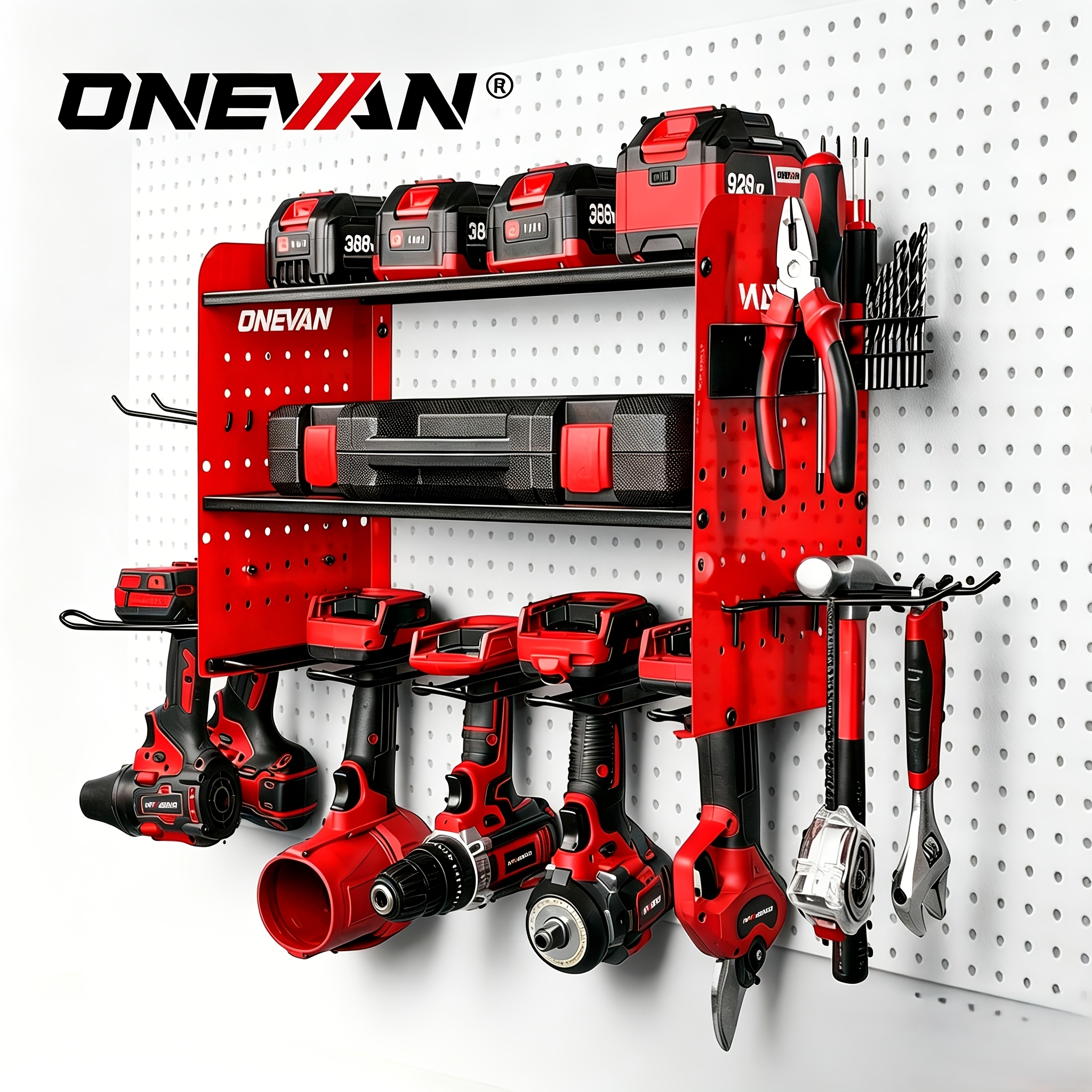 Image of Onevan Tool Storage Wall Mount, 3-layer Storage Rack With 7 Drill Holders, Tool Holder With Screwdriver Holder, Garage Tool Organiser For Garage, Workbench & Workshop Storage And Organization