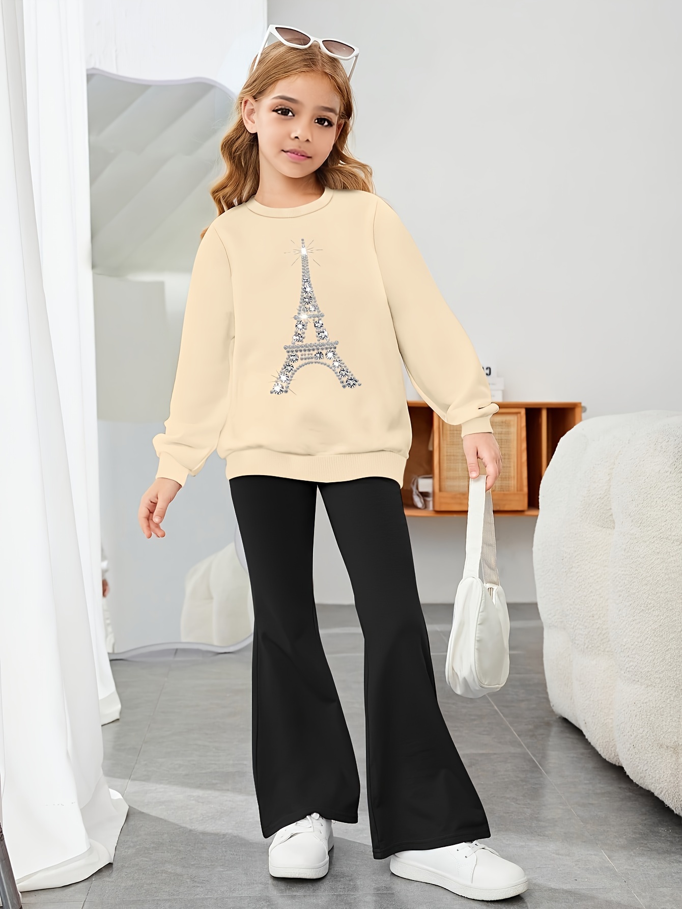 Drawing 2pcs Girls Casual Print Comfy All-Match Crew Neck Sweatshirt And  Flared Pants Set, Cute, Lightweight And Comfortable Fall Outfit, Autumn