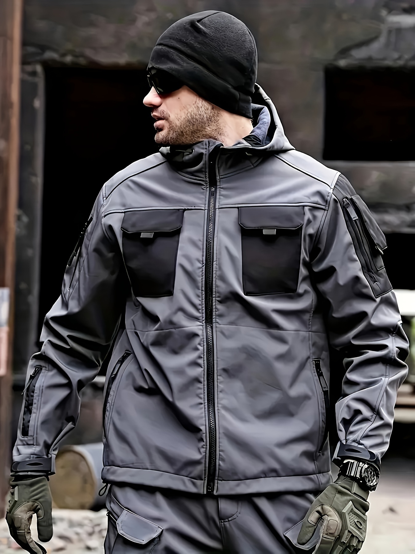men's outdoor zippered shell jacket pockets windproof - Temu
