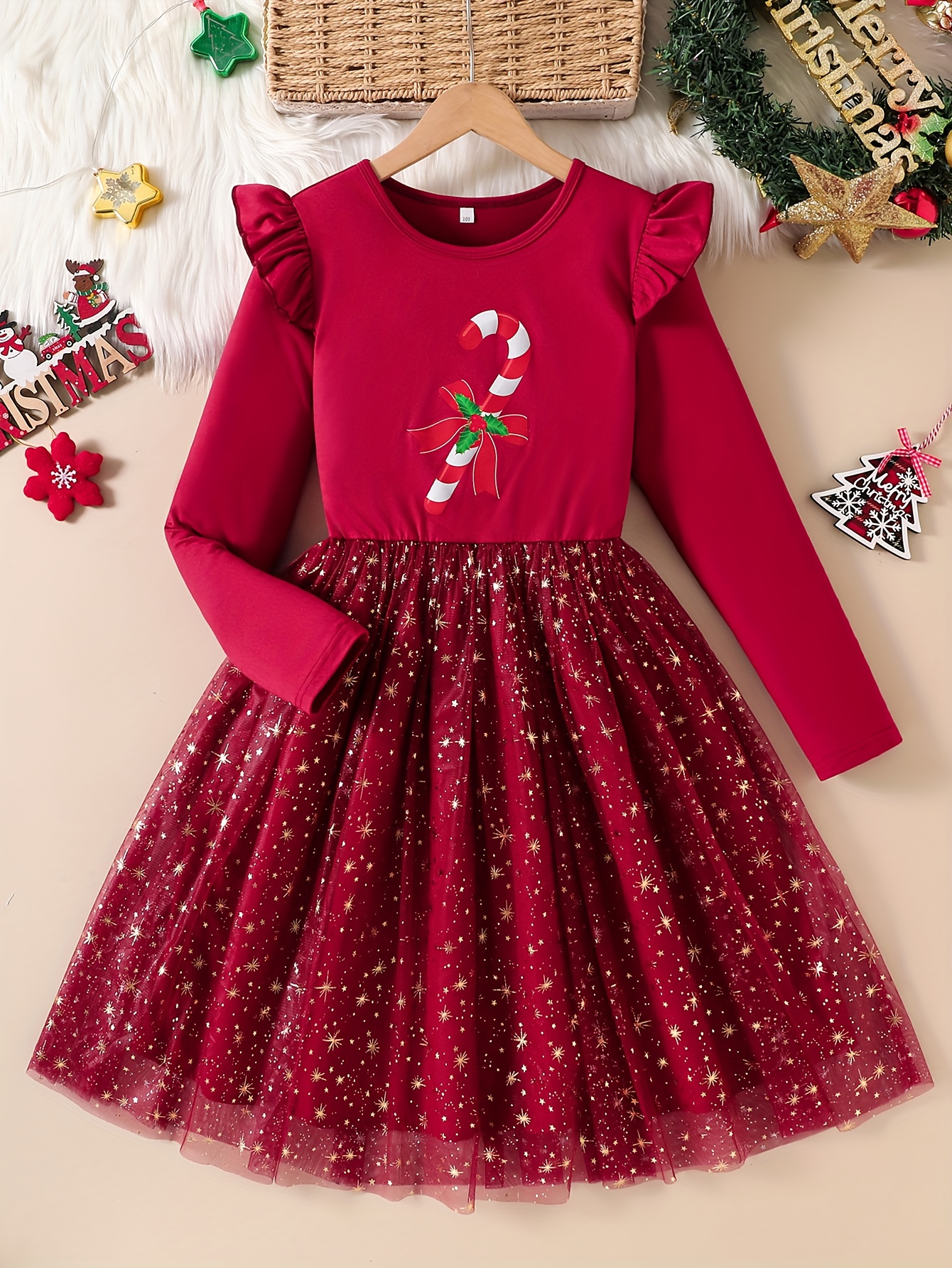 knee length dresses for ladies Little Girls Christmas Bow Print Mesh Dress 5 Y