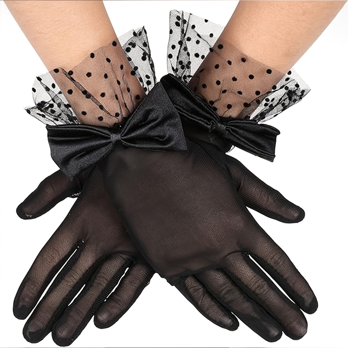 TEMU 1 Pair D Women Lace Bow Gloves Short Polka Dot Gloves European Retro Elegant Gloves For Halloween Tea Party Opera Prom Party Wedding