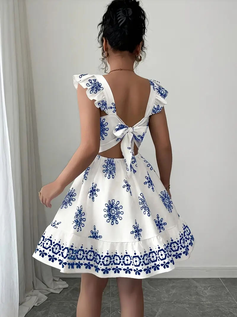 Women'S Lace-Up Printed Mini Dress for Vacation, Casual, And Commuting Women'S Lace-Up Printed Mini Dress for Vacation, Casual, And Commuting