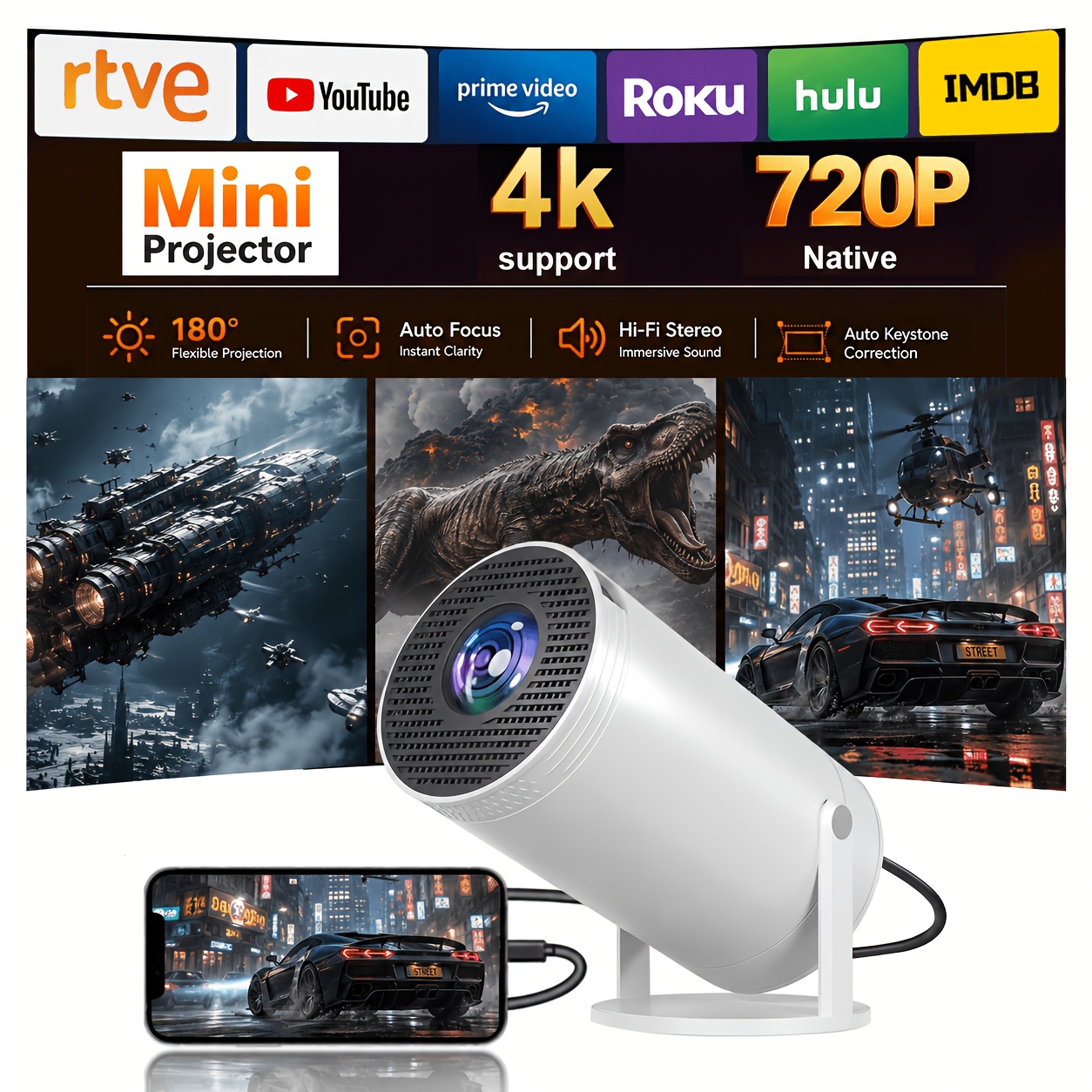 Image of Znlyrion Hd Portable Projector - Full Hd 4k Projector, , 16:9 Ratio, Remote Control Operation, Auto-tilt Correction, Compatible With Devices, Compact And Durable (supports 4k/local 720p)