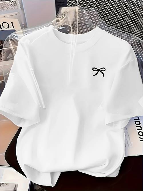 womens round neck design featuring a easy artistic bow pattern print casual and comfortable casual attire with a versatile short sleeve t shirt