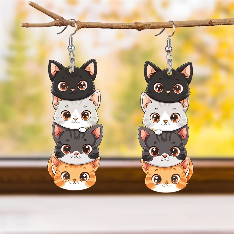 

2d Flat Acrylic Cat Earrings, Cute Stackable Cat Faces Drop, Hanging, No Electricity Required, For Women, Christmas, Halloween Party, Holiday Accessories