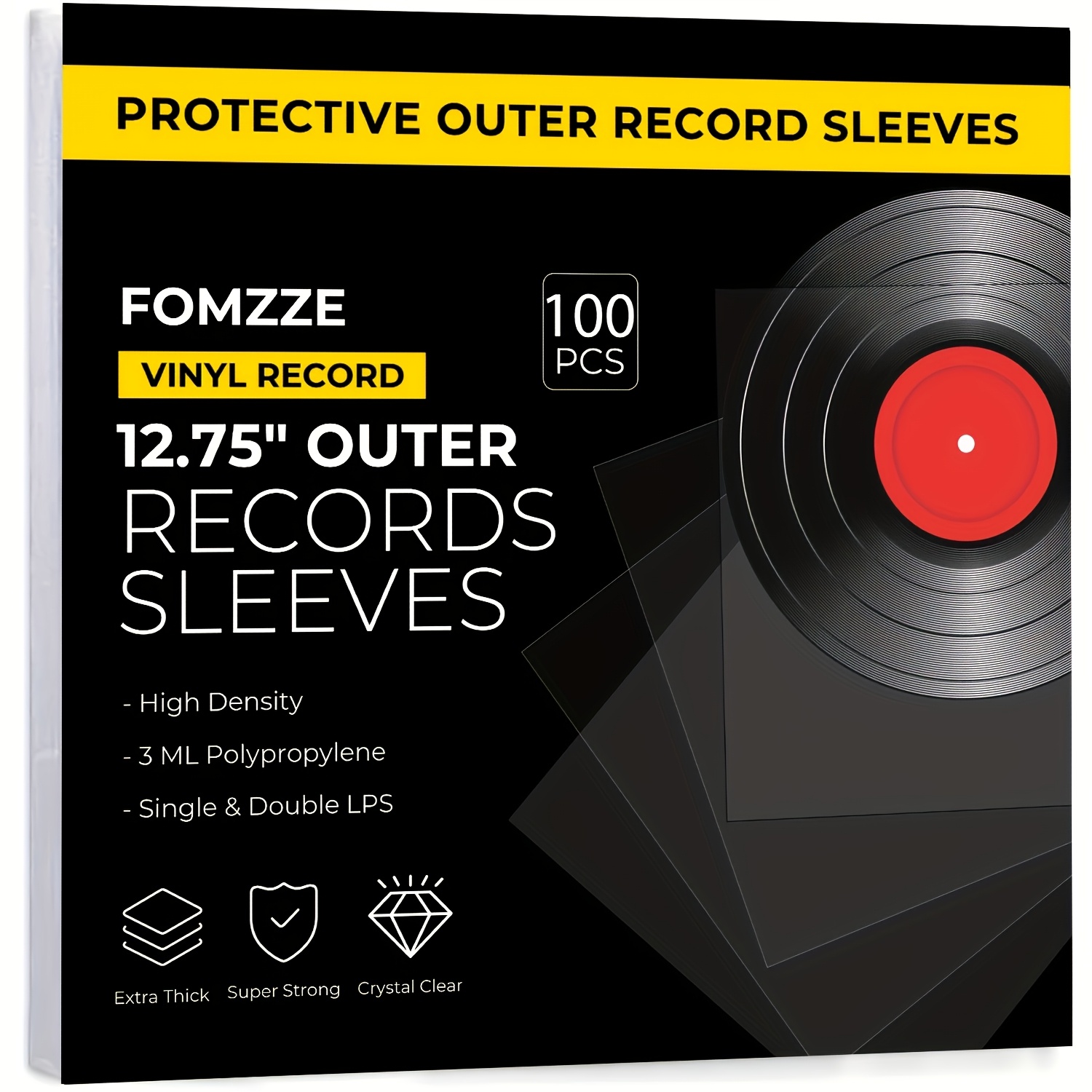 E-shop 100 Schutzhüllen für Vinyl Schallplatten - Kristallklare professionelle Aufbewahrung für 12.75" x 12.75" Außenhüllen, geeignet für Single- und