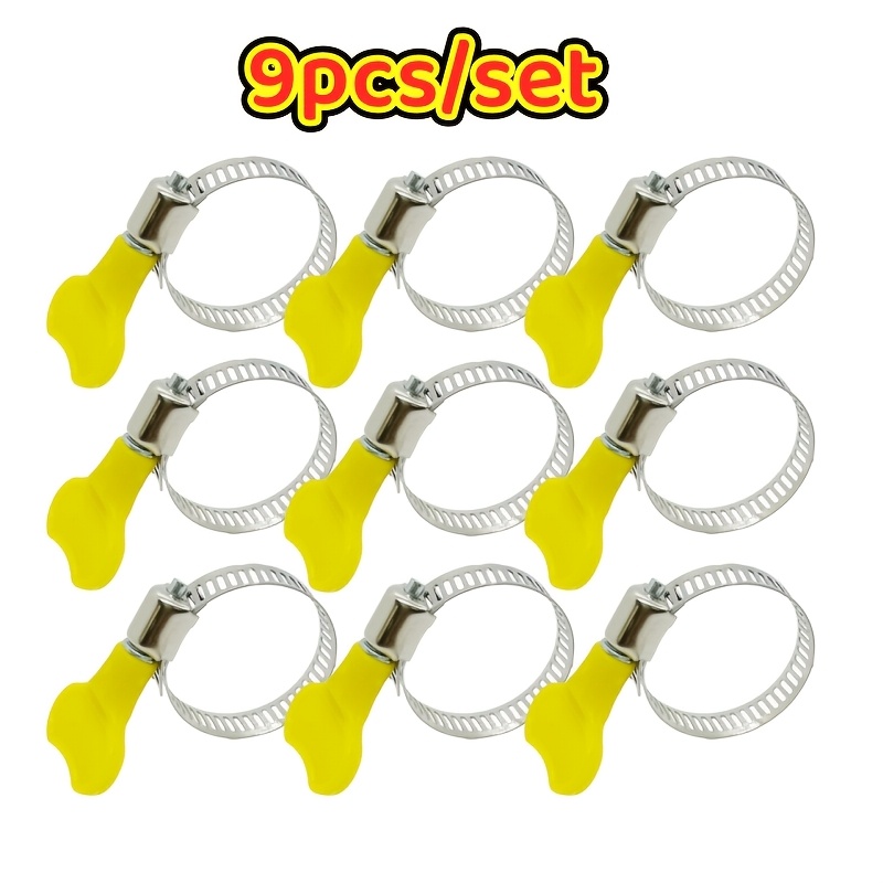 TEMU 9pcs/set Durable Stainless Steel Spiral-grooved Hose Clamp With Ergonomic Yellow Plastic Handle | Torque-type Hose Clamp, Used For Safe
