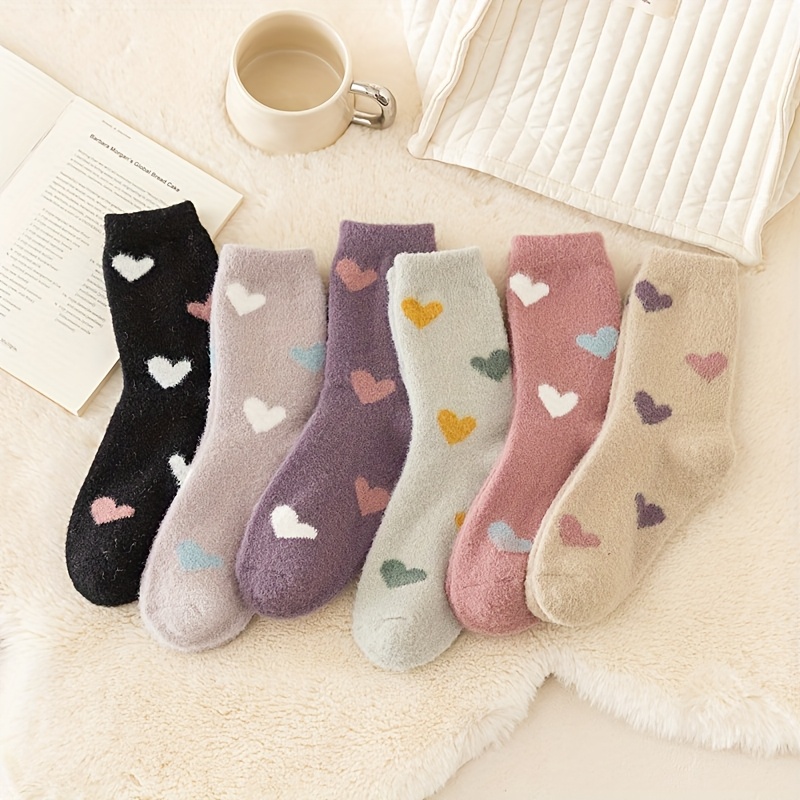TEMU 6-pack Women's Mid-calf Plush Socks With Colorful Hearts, Thickened Warm Lined Socks For Autumn And Winter, Home Floor Socks For Cold Weather