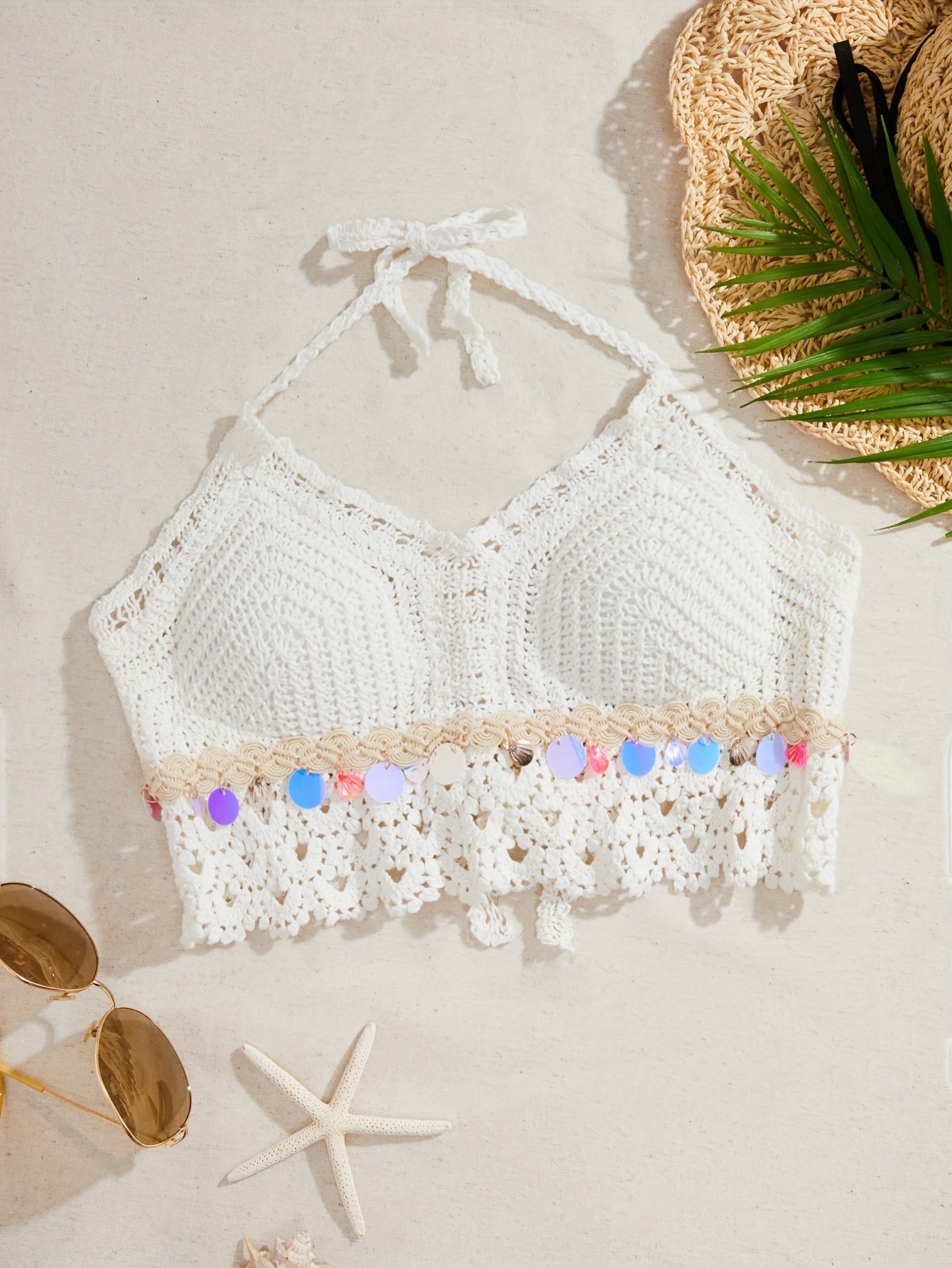 Crochet Summer Halter Bras Women Hollow Out Knit Tassels Hem Holiday  Camisole