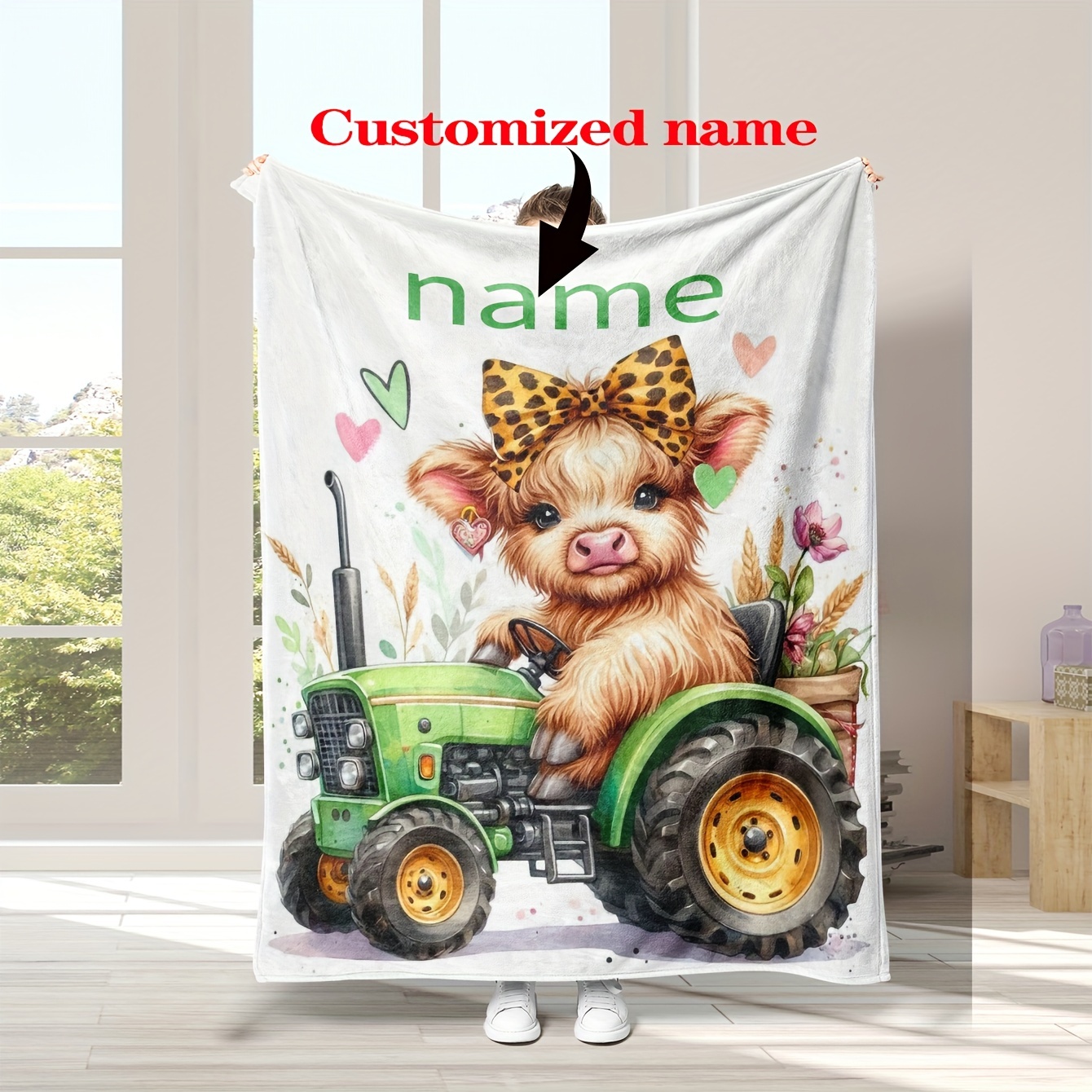 

Customizable Name Flannel Fleece Blanket - Farm Animal & Tractor Pattern, Personalized Gift For Boys, Girls, Family, Friends - Cozy Multipurpose Throw For Sofa, Office, Camping