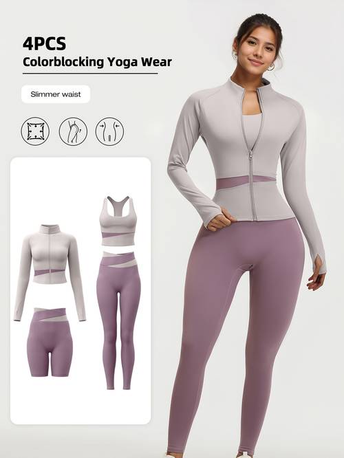 4pcs womens yoga wear workout set with zipper jacket fitness yoga leggings sports bra euro size for and yoga