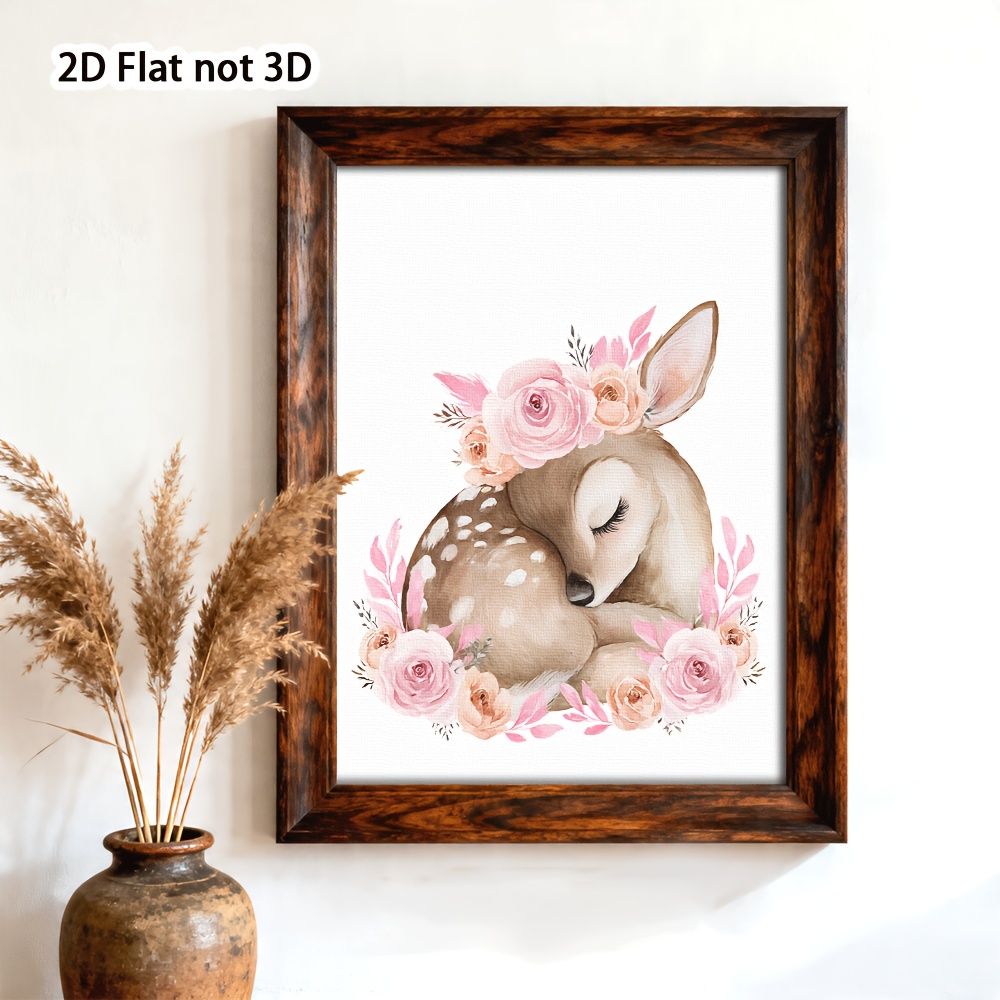 Cute Sleeping Deer and Pink Rose Frameless Poster, Nursery Decor