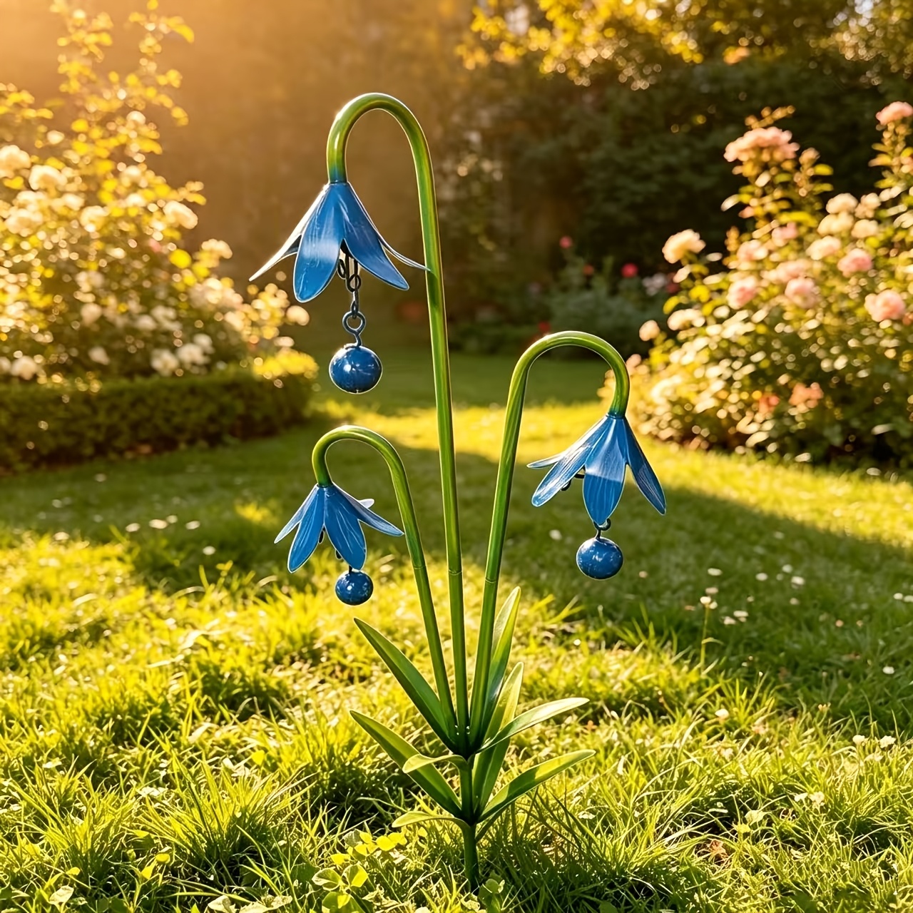 TEMU 【3d】 [3d] Retro Wrought Iron Garden Ground Plug, 3 Blue Flowers With Metal Hanging Beads, With Colorful Butterflies. Outdoor Anti-rust Baking