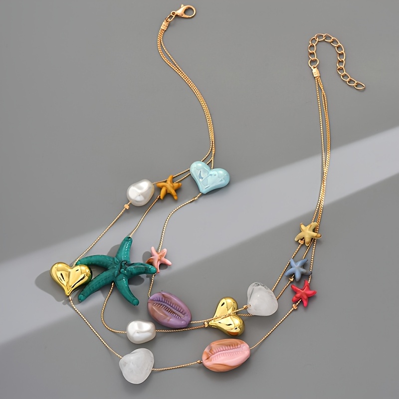 Beach Style Geometric Heart Resin Starfish Shell Necklace Women's (accessory Color Random)