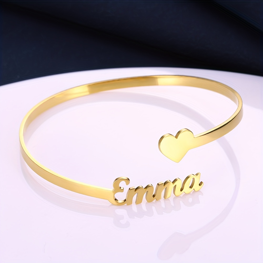 

Elegant Customizable Love Heart & Name Open Cuff Bracelet - Stainless Steel, Or Gifting On Valentine's Day