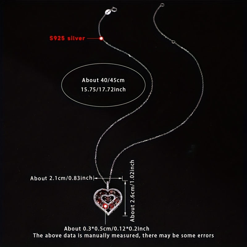 TEMU [gift Box] A 925 Silver Pendant Necklace Inlaid With Natural Garnet, Featuring A Heart Motif. Bridal Jewelry, Wedding, A Gift For Her. Natural ,