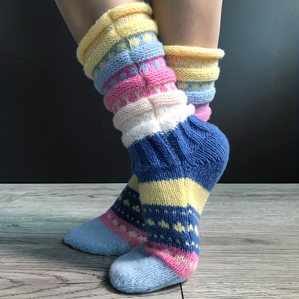 1 Pair Women's Winter Colorful Striped Over-the-knee Socks, Warm Contrast Color Floor Socks
