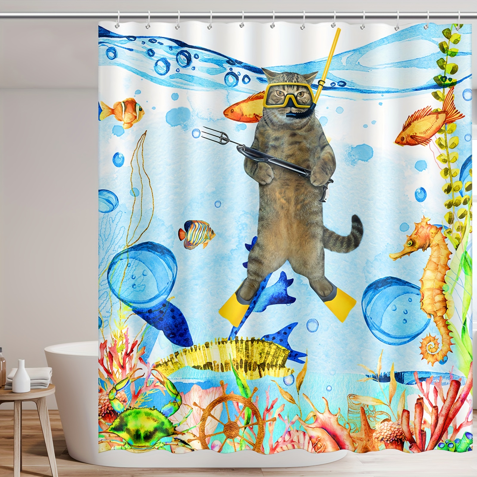 Shower Curtain Shark Funny Cat Ocean Wave Seagull Funny - Temu United Arab  Emirates