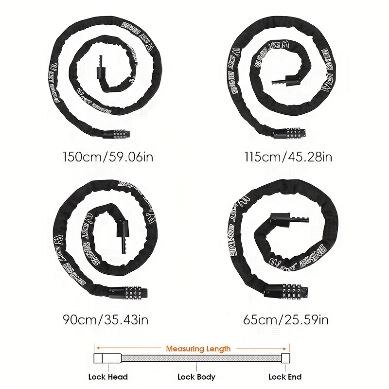 WEST BIKING Bicycle Security Lock with Password, Available in 150Cm/115Cm/90Cm/65Cm Chain Lengths, Ideal for Cycling And Backpacking Additions